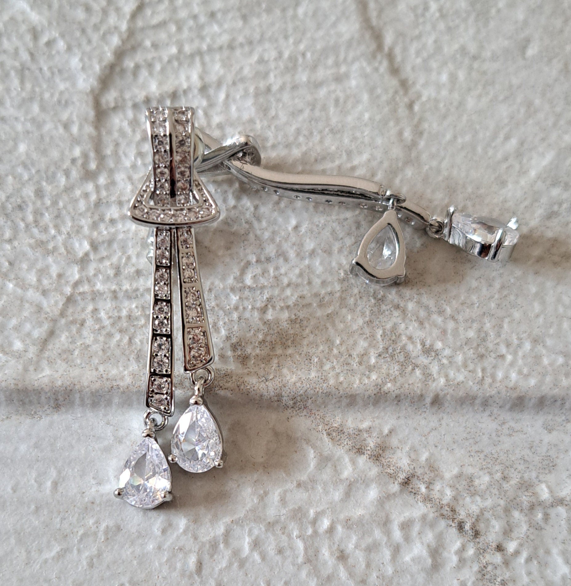 Silver Swarovski Crystal Bow Long Drop Chandelier Earrings