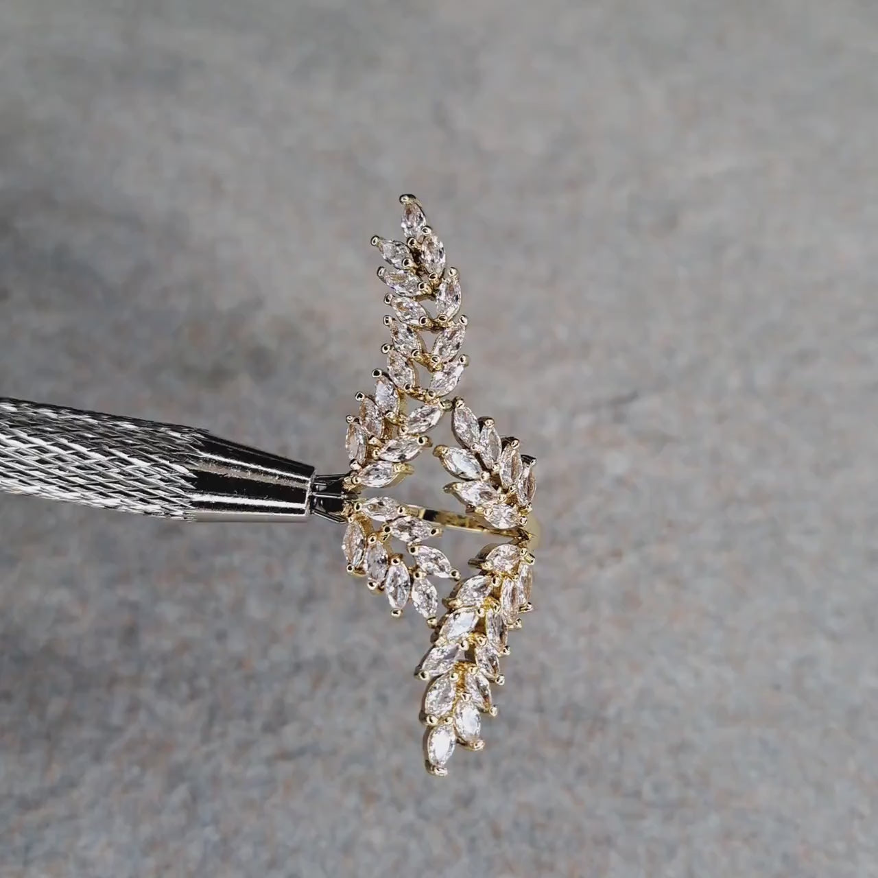 Gold Large Leaf Swarovski Crystal Adjustable Open Ring