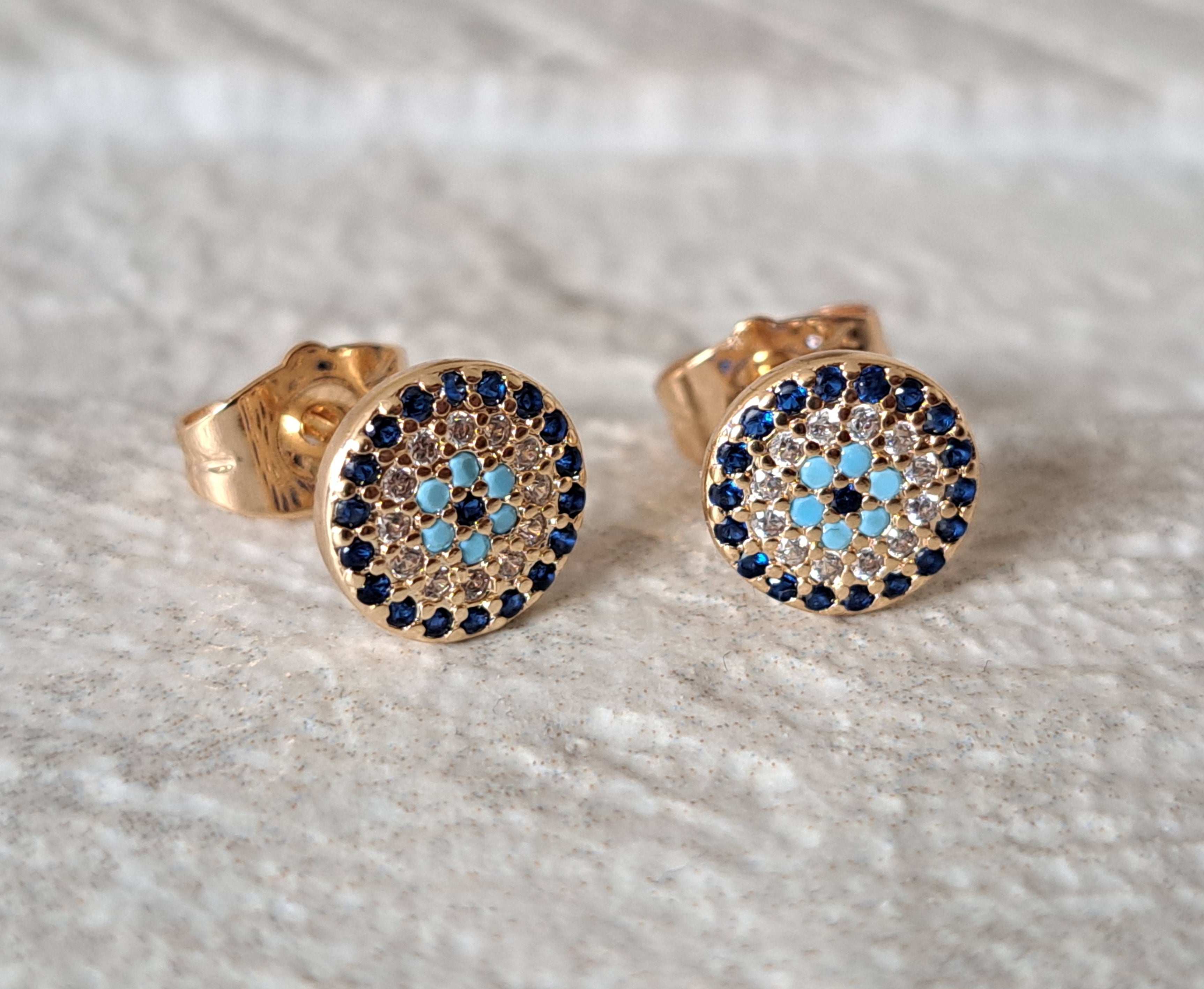Gold Round Evil Eye Swarovski Crystal Small Stud Earrings