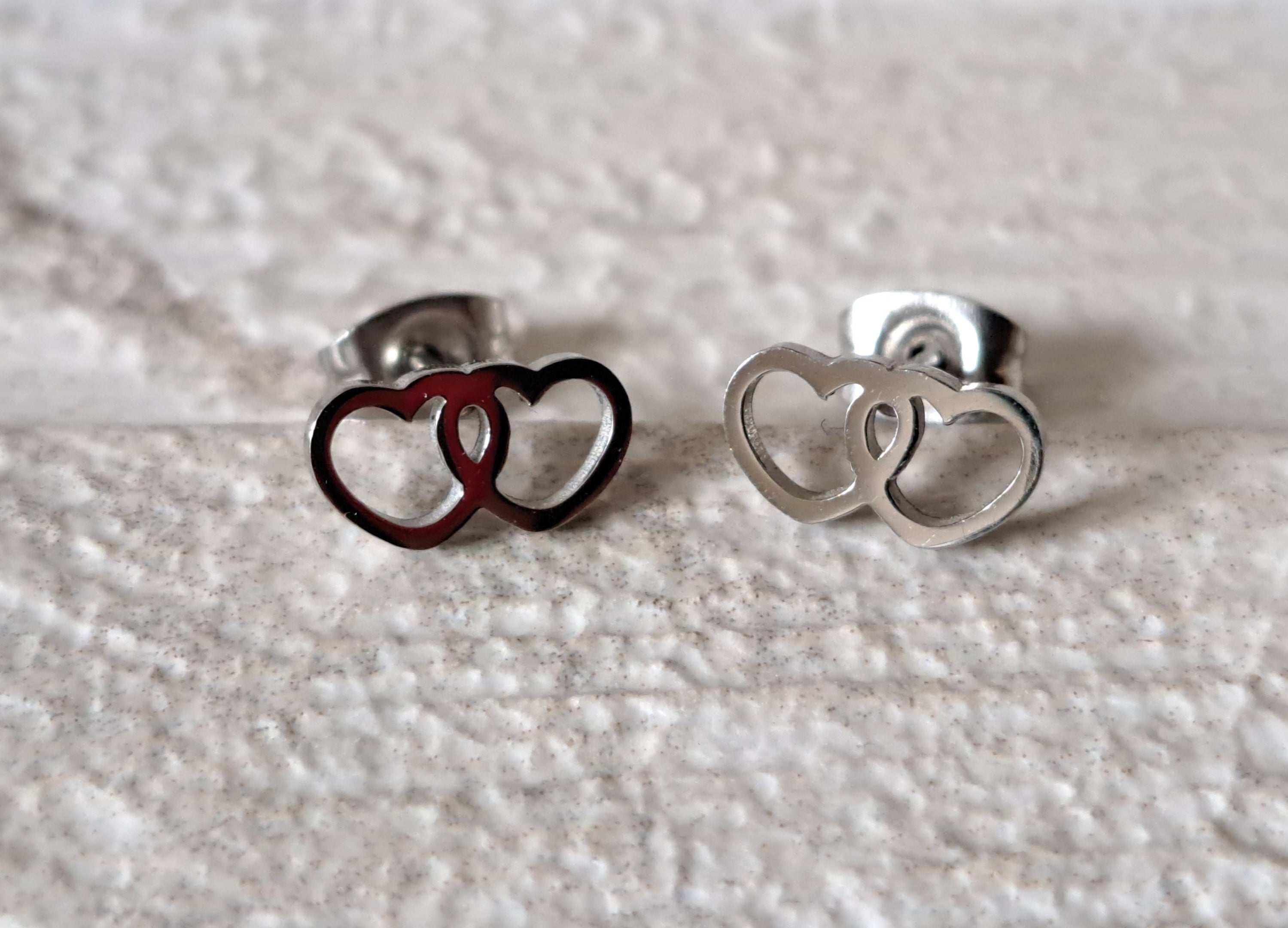 Small Silver Hollow Double Heart Stud Earrings