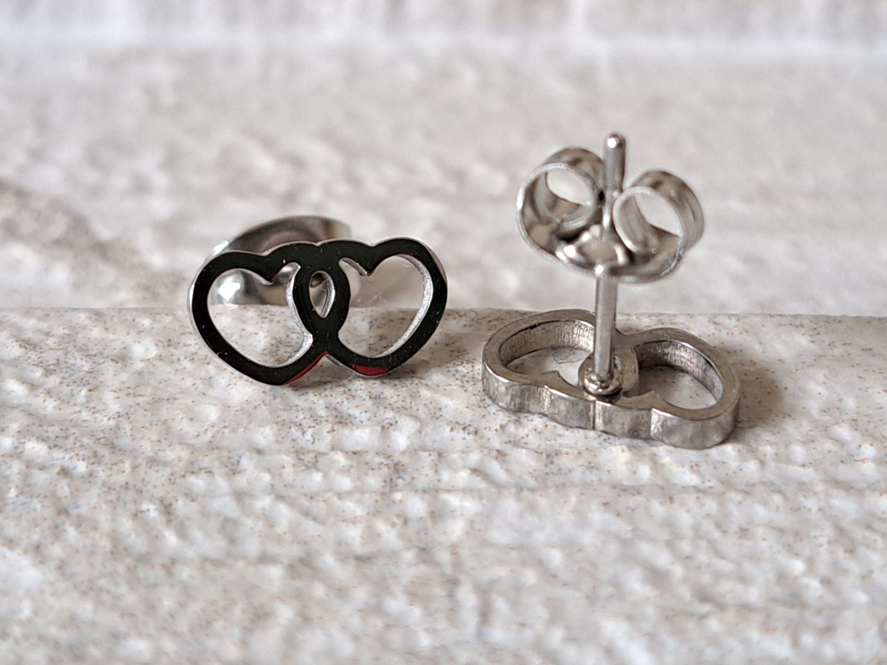 Small Silver Hollow Double Heart Stud Earrings