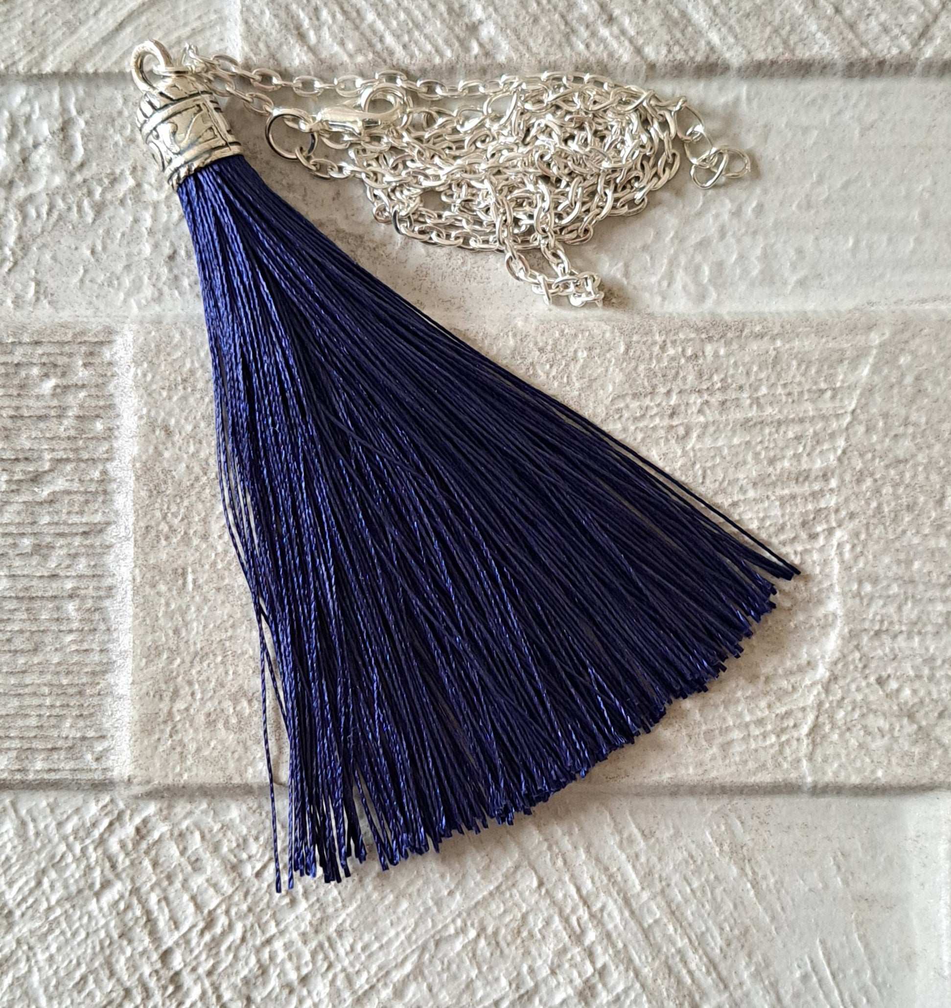 Navy Silver Silk Tassel Long Drop Necklace