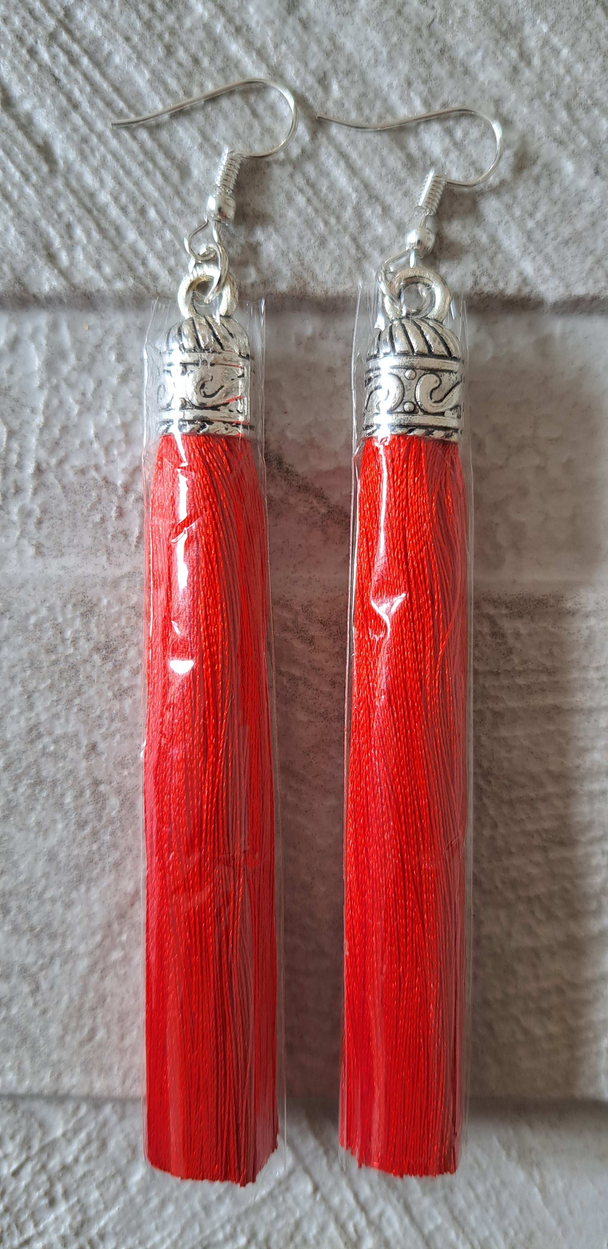 Red Silver Silk Tassel Long Drop Earrings