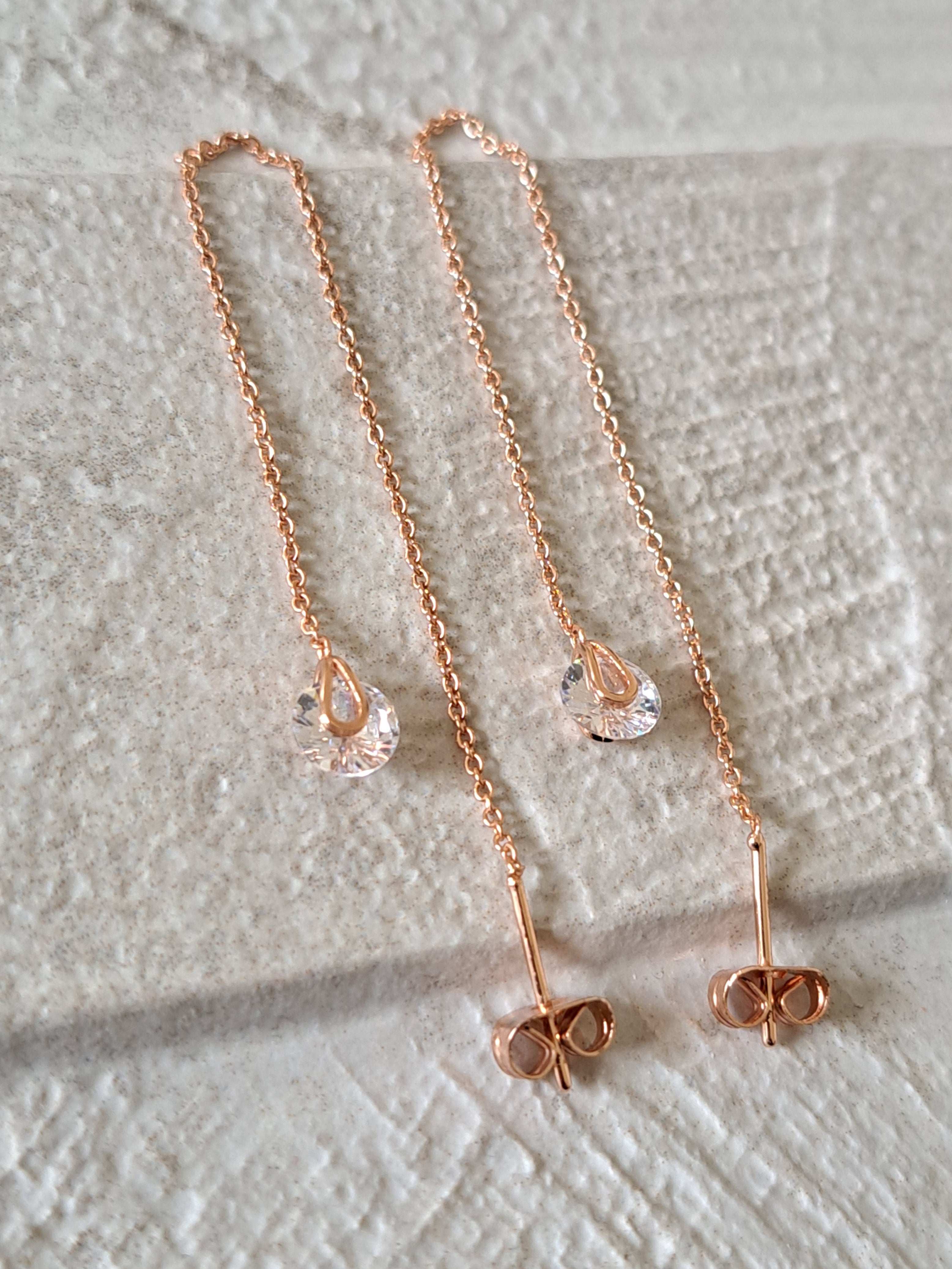 Rose Gold Swarovski Crystal Long Water Droplet Chain Earrings