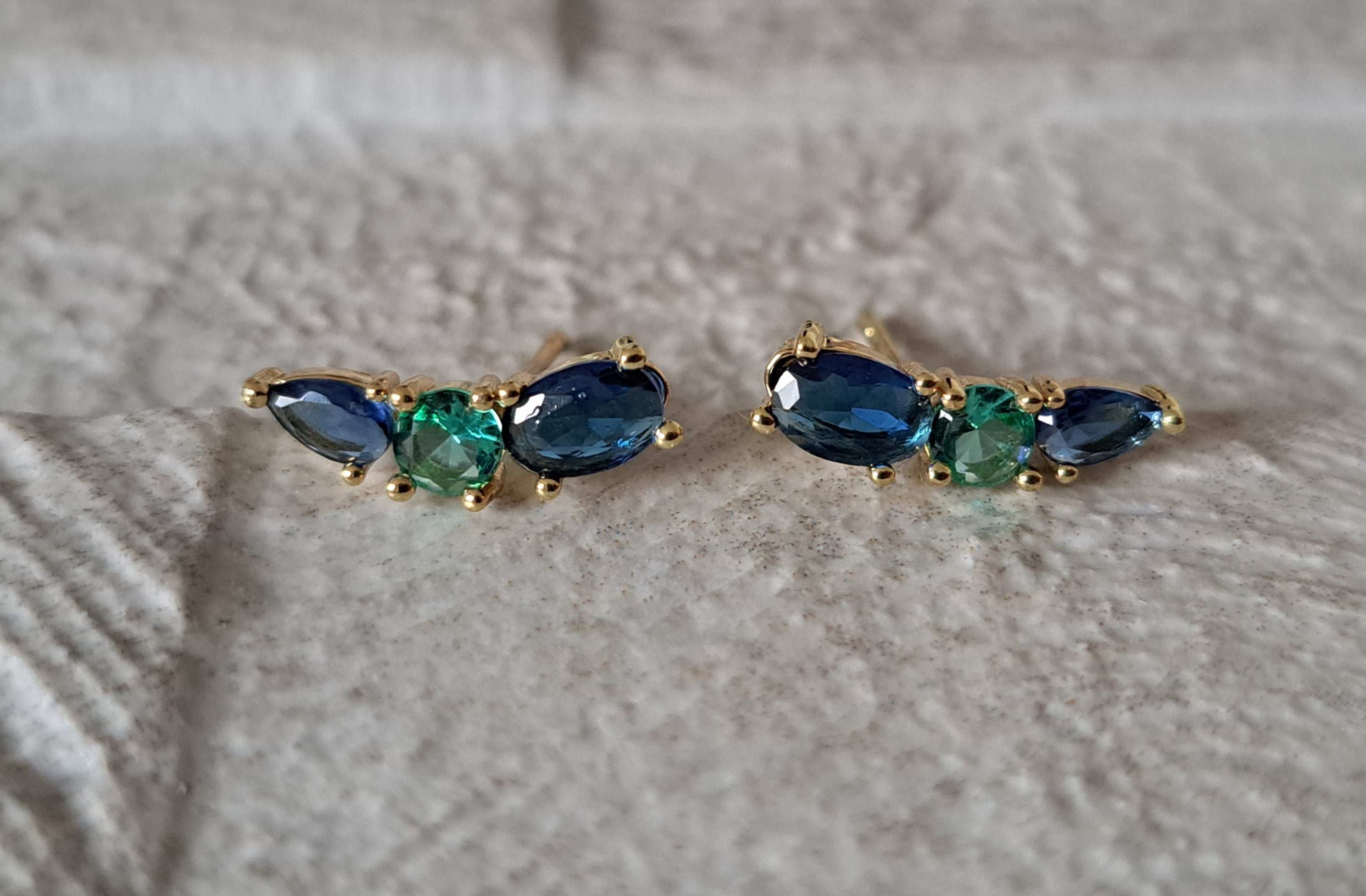 Gold Aqua Blue Swarovski Crystal Wing Leaf Earrings