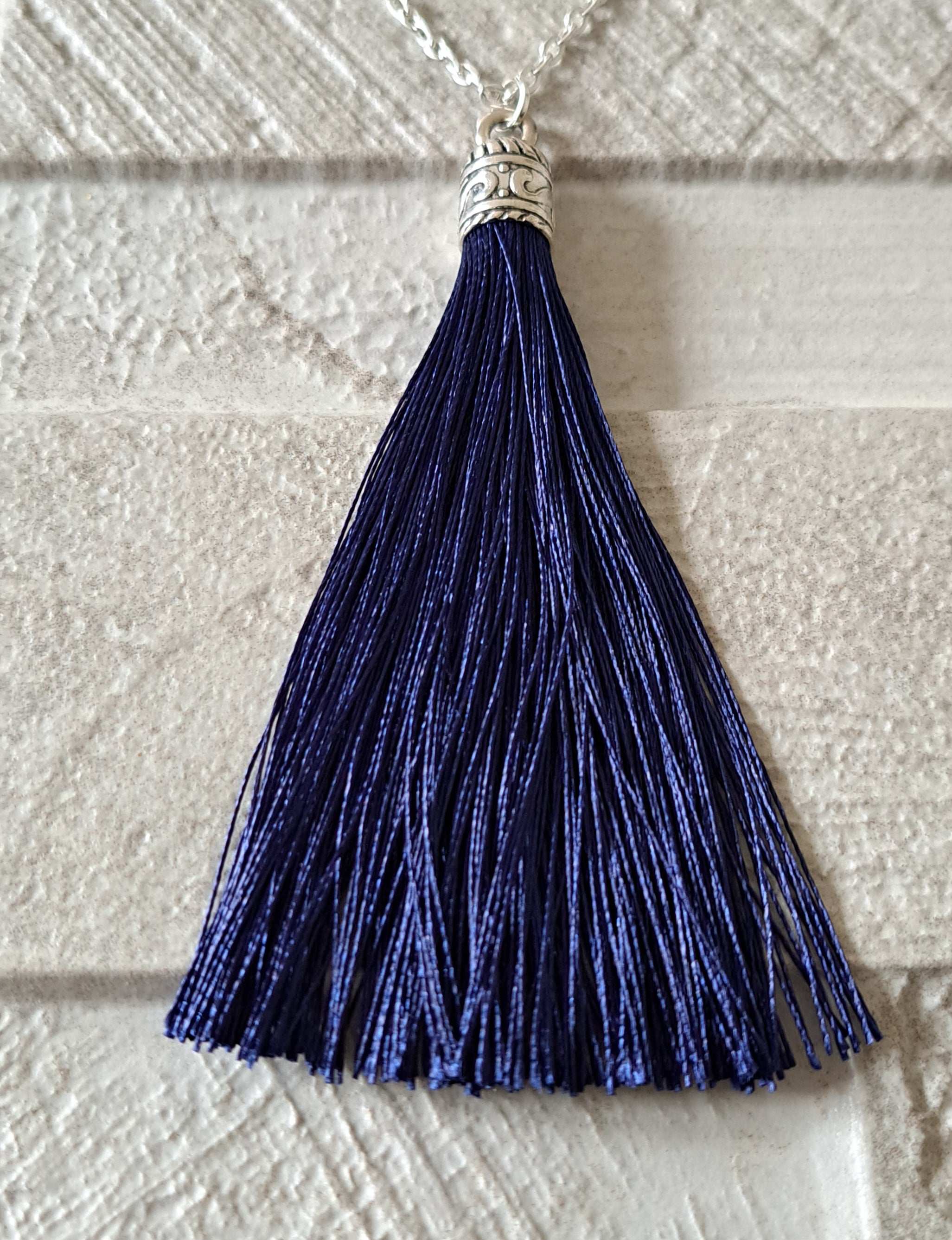 Navy Silver Silk Tassel Long Drop Necklace