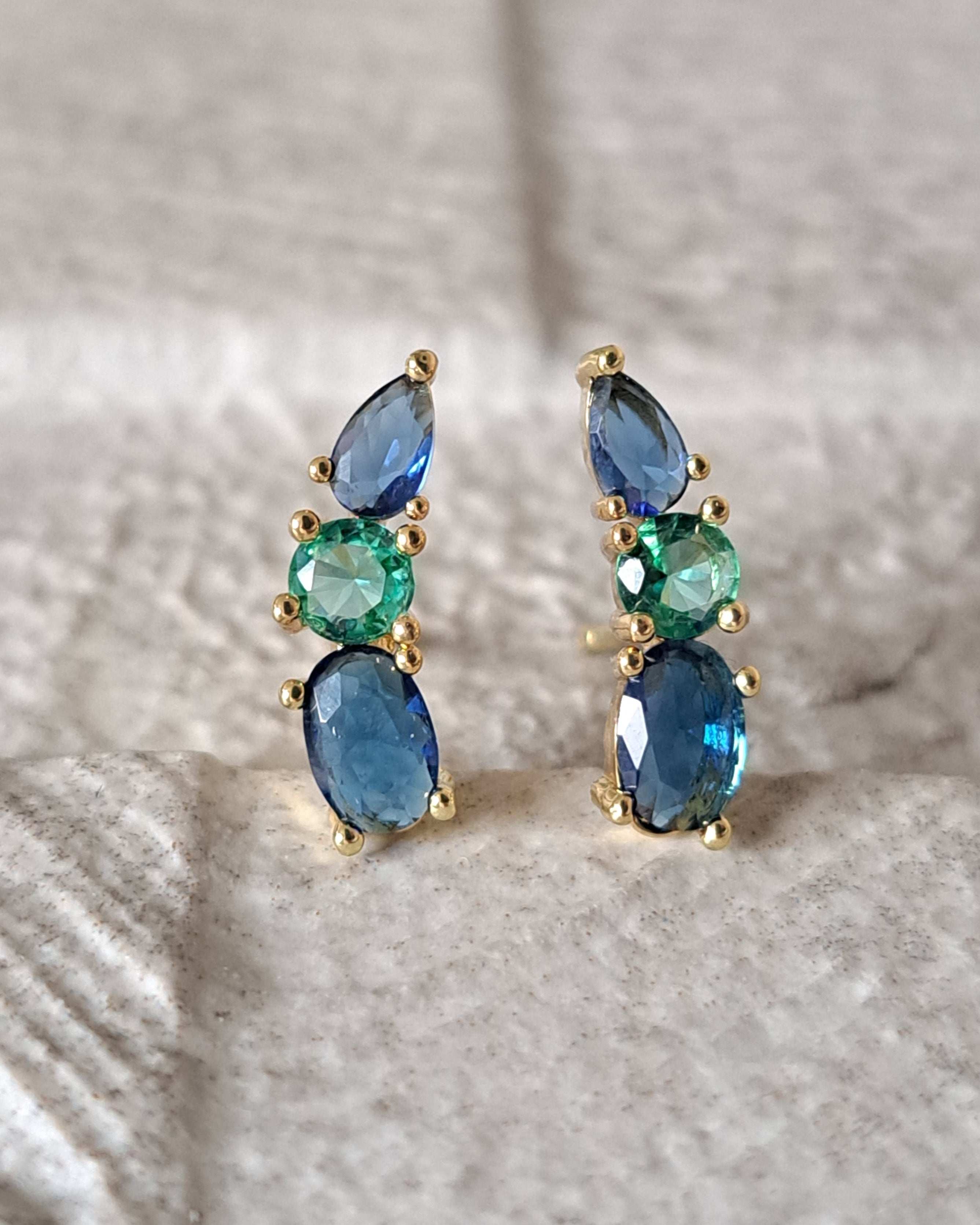 Gold Aqua Blue Swarovski Crystal Wing Leaf Earrings