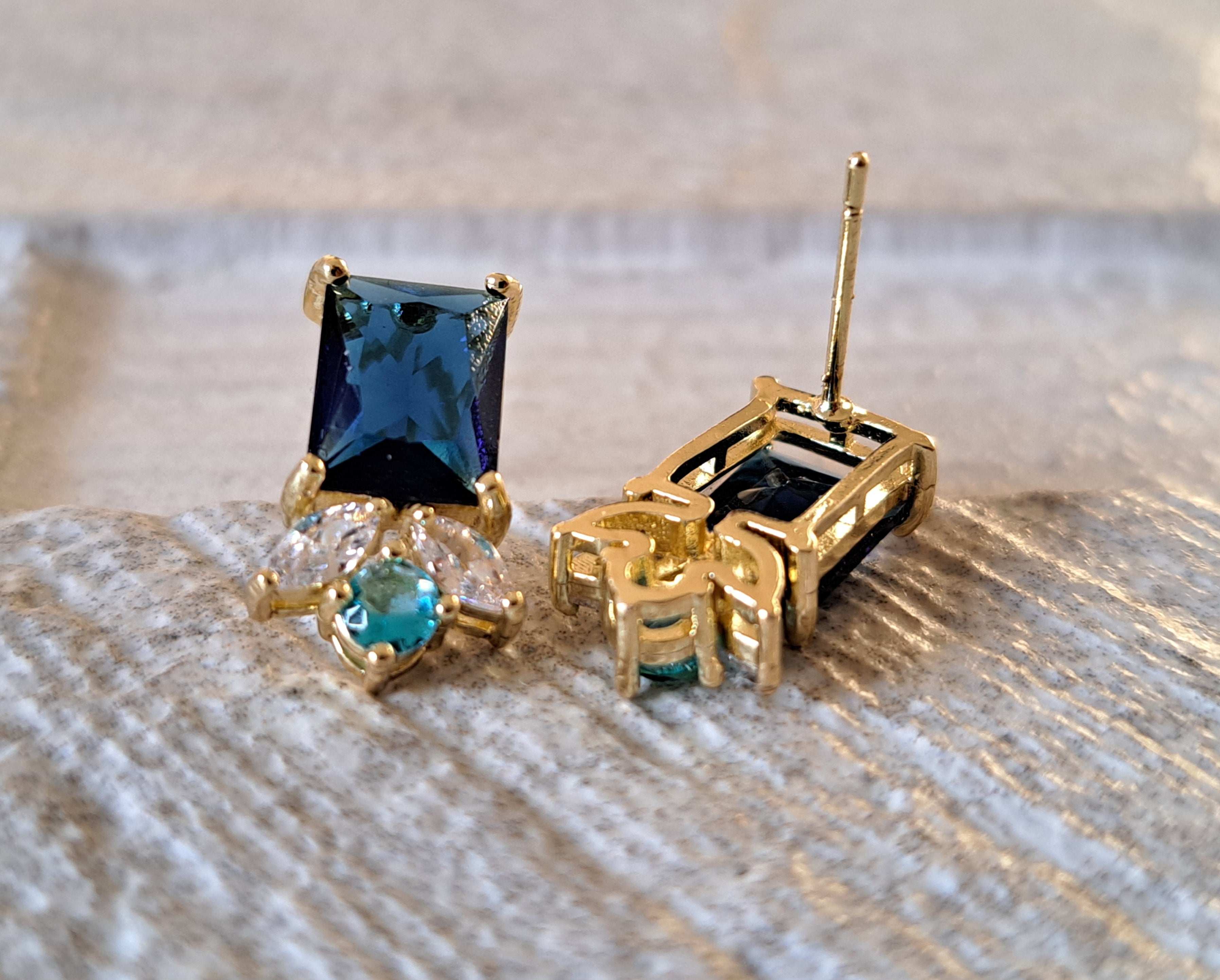 Gold Rectangle Aqua Blue Swarovski Crystal Earrings