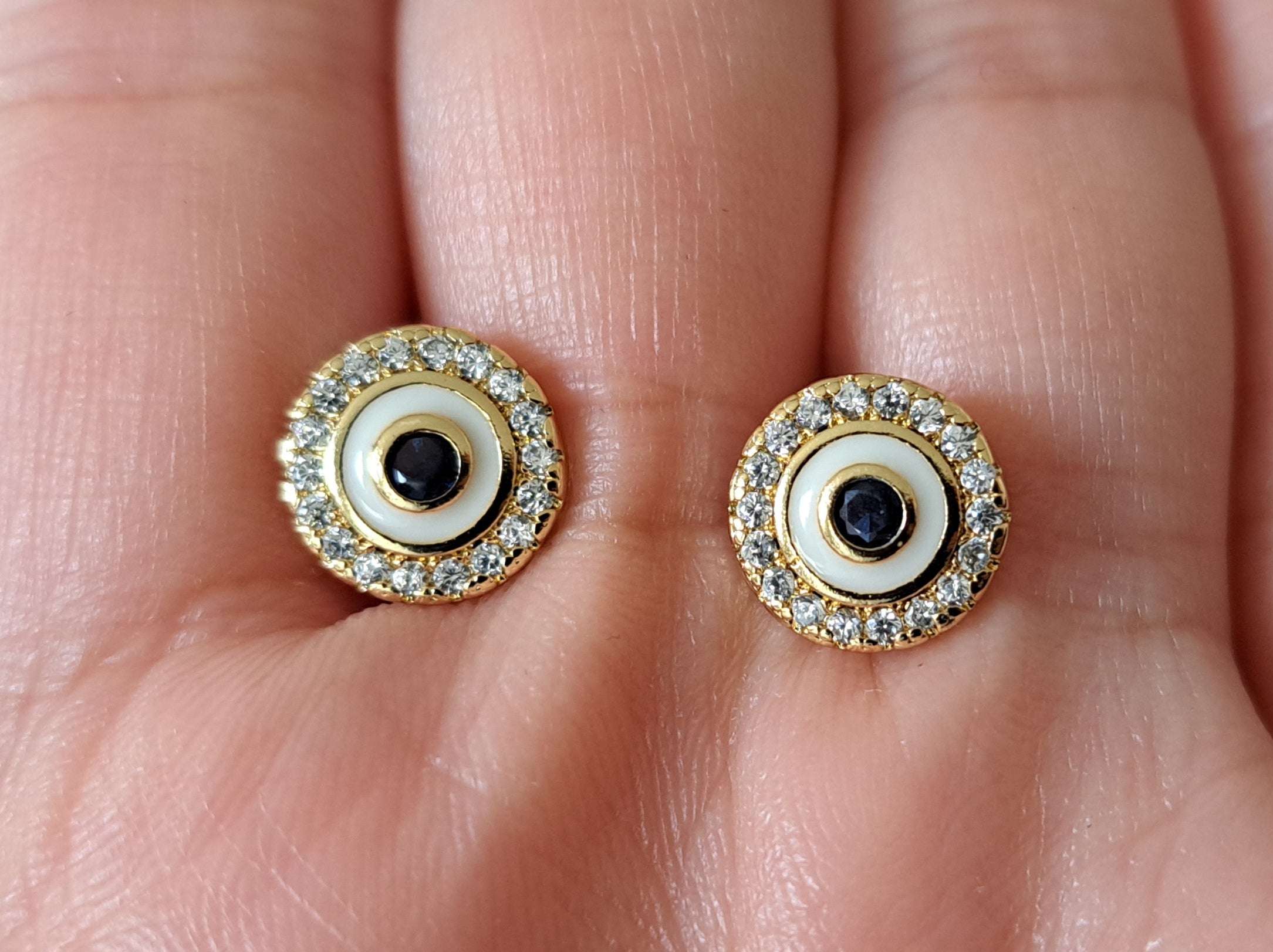 Gold Evil Eye 1cm Circle Swarovski Crystal Stud Earrings