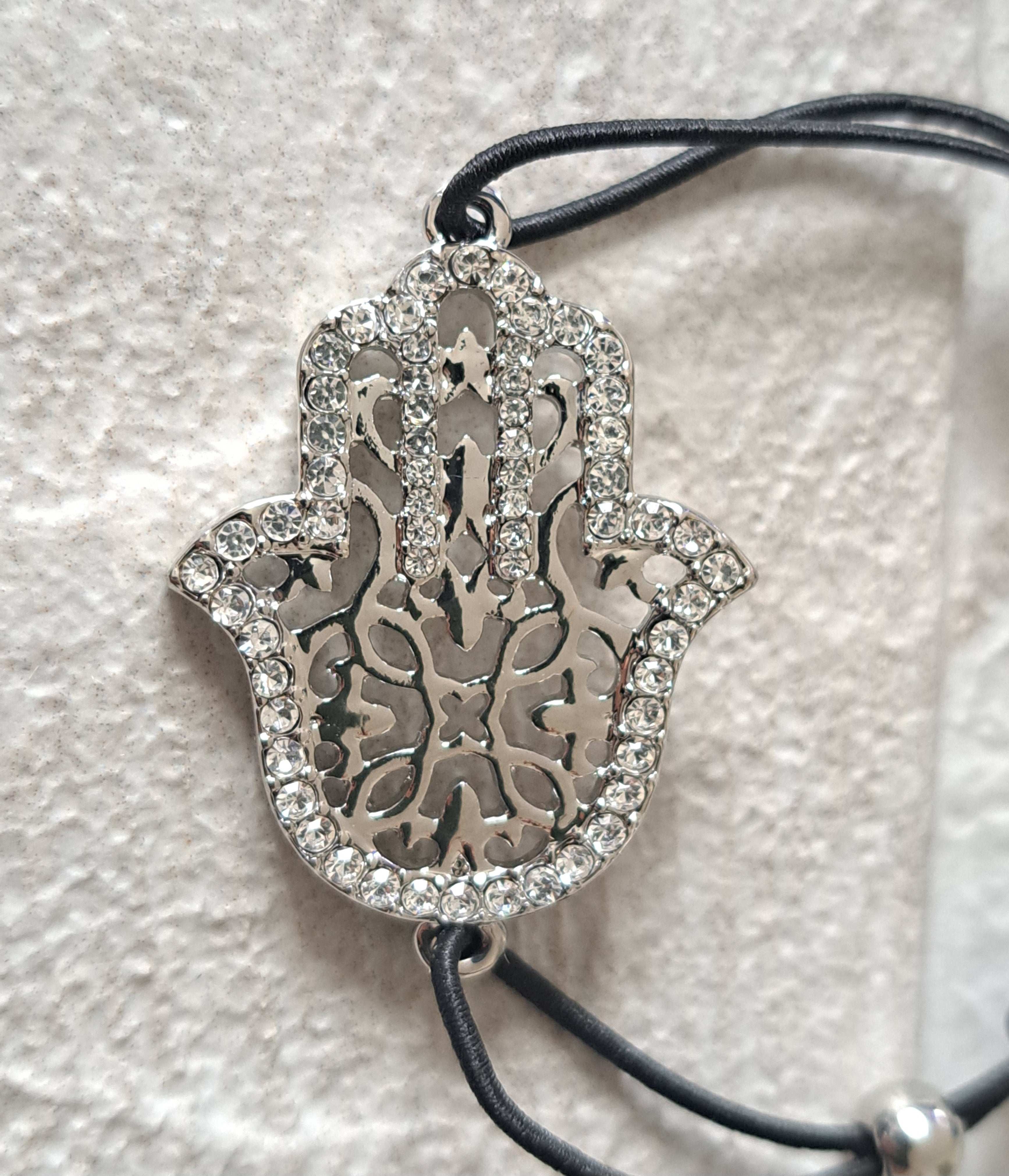 Silver Turkish Hamesh Swarovski Crystal Elastic Bracelet