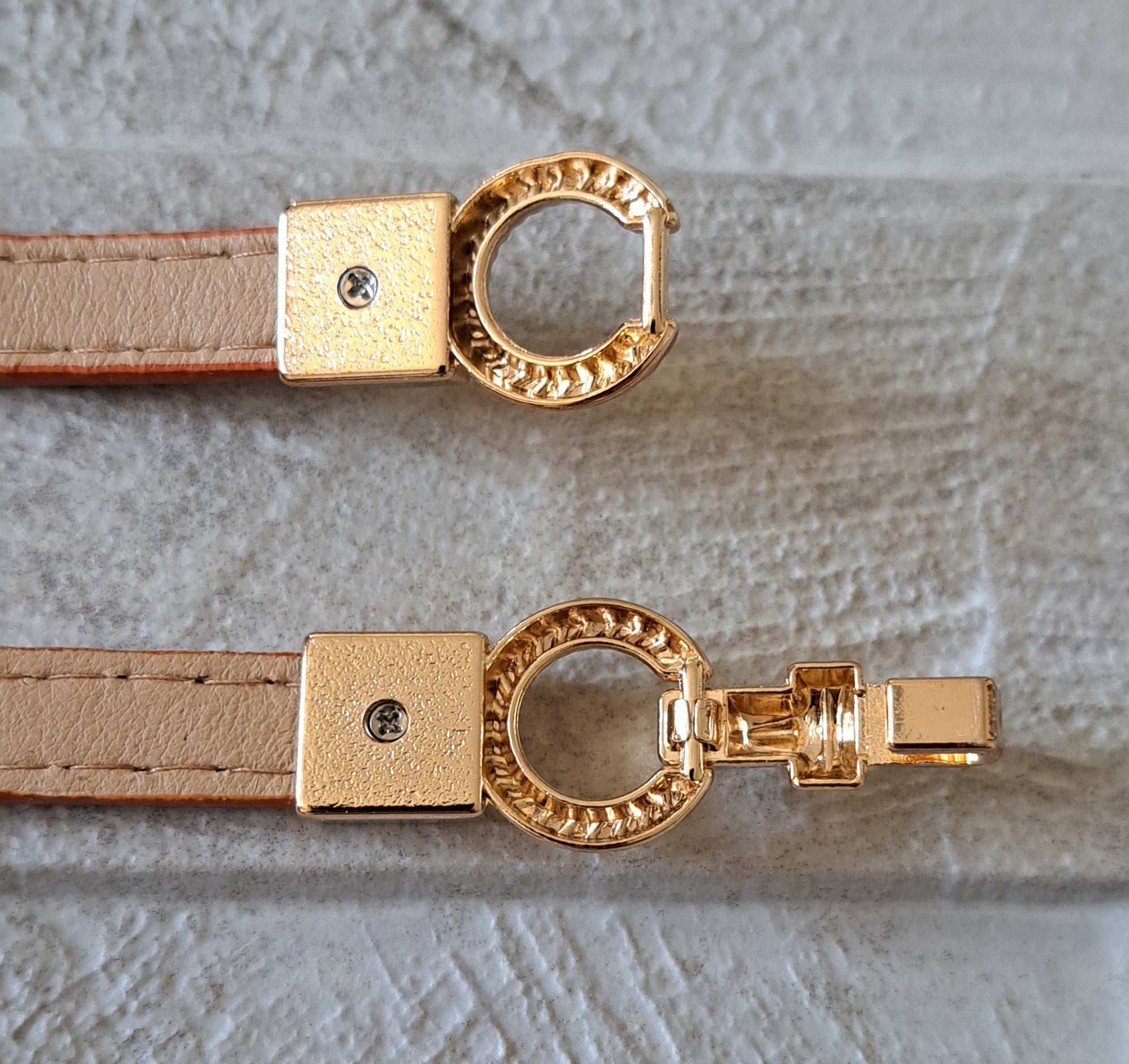 Tan Gold Skinny Double Buckle Stretch Dress Belt