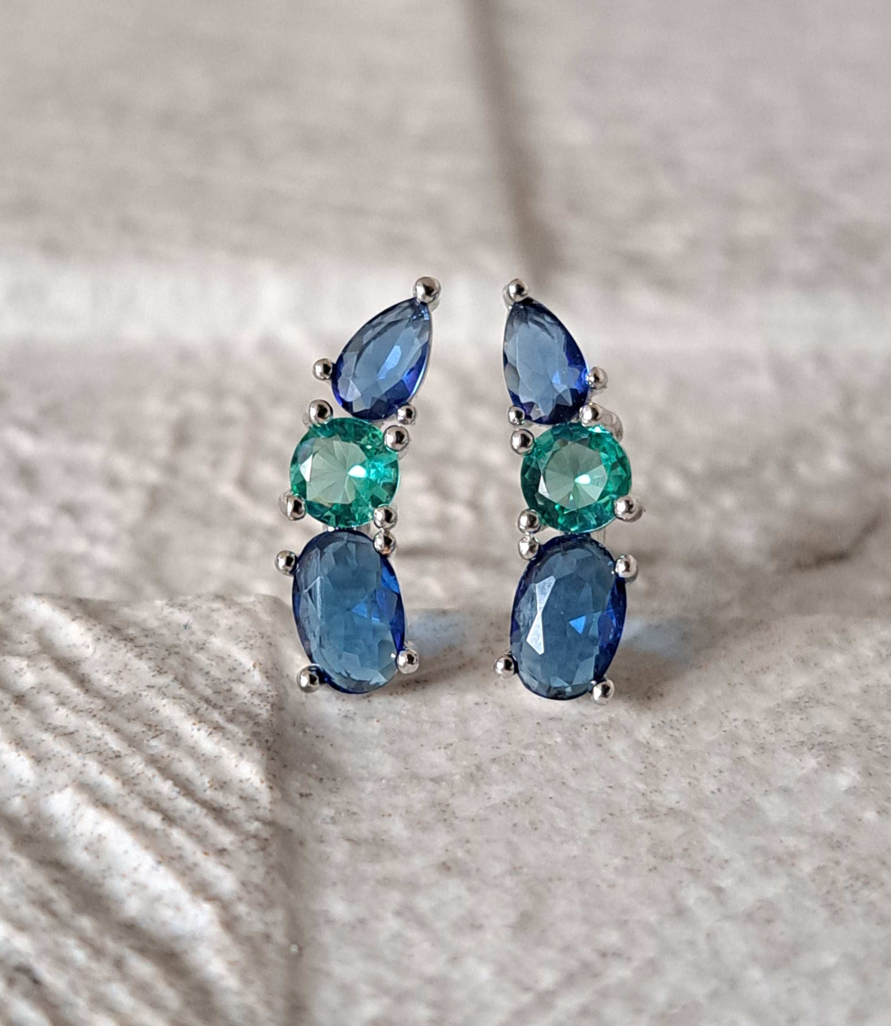 Silver Aqua Blue Swarovski Crystal Wing Leaf Earrings