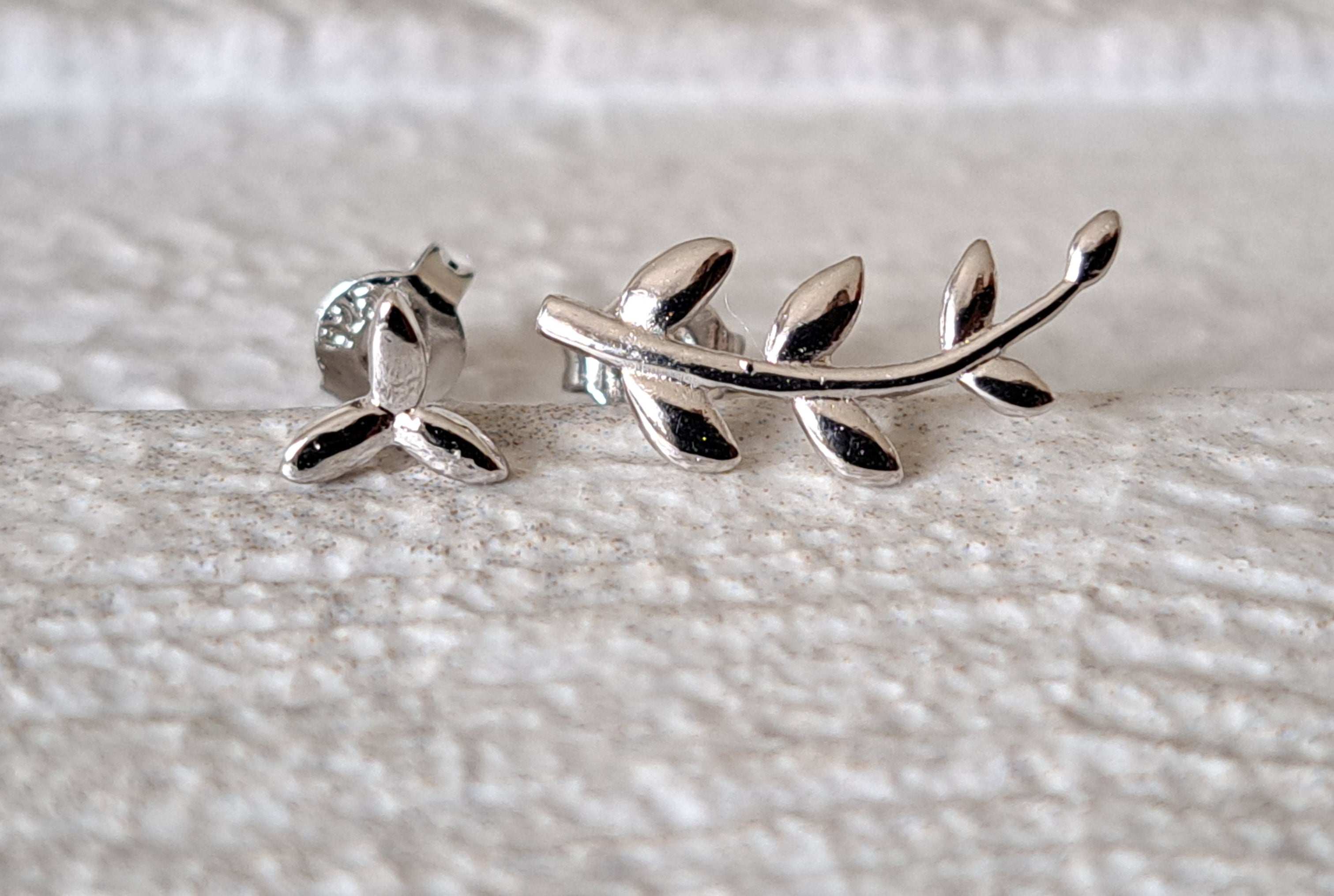 Silver Plated Small Link Leaf Stud and Climber Earrings