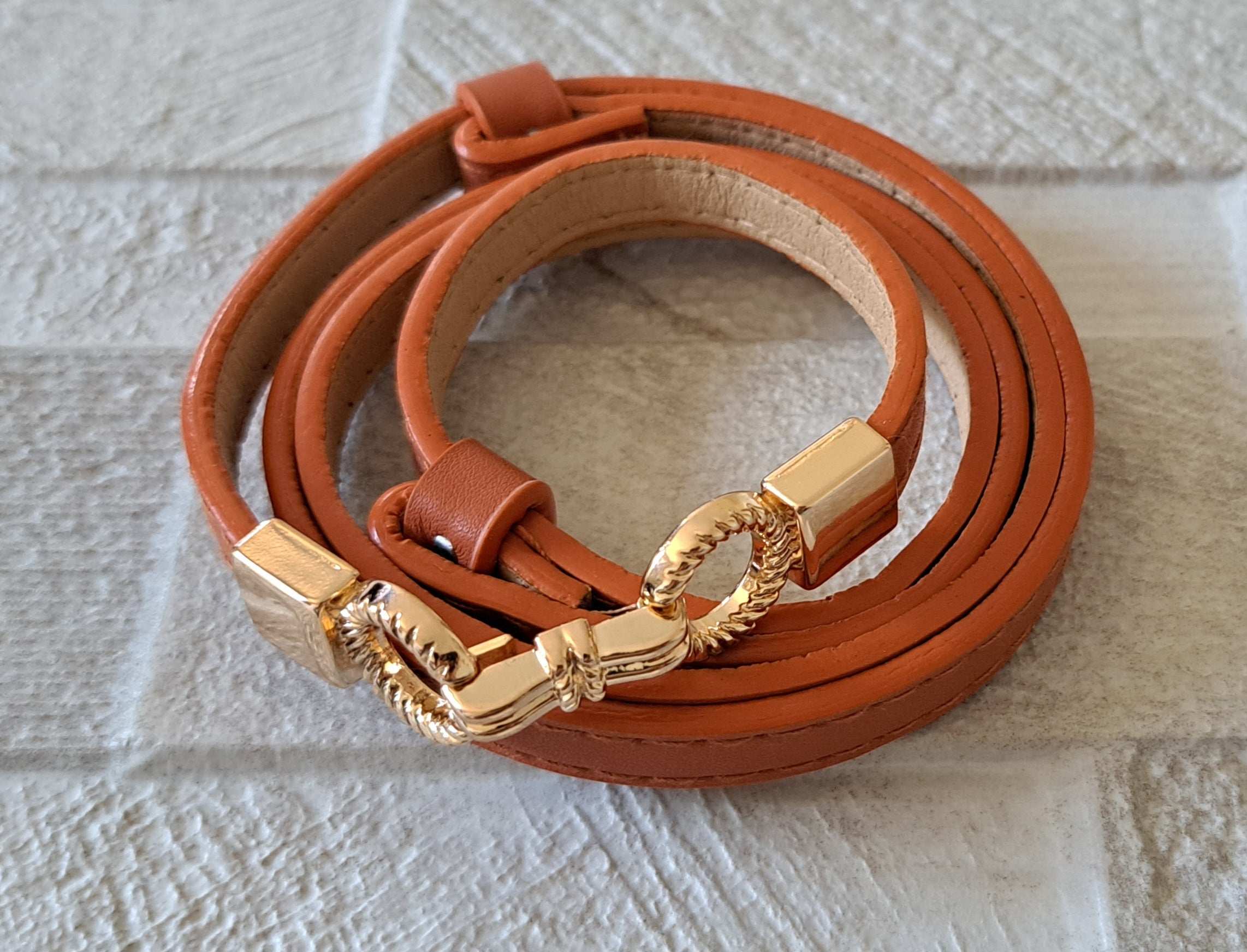 Tan Gold Skinny Double Buckle Stretch Dress Belt