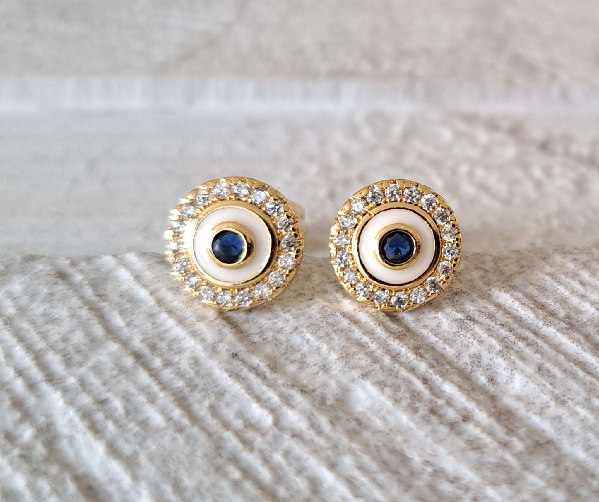 Gold Evil Eye 1cm Circle Swarovski Crystal Stud Earrings