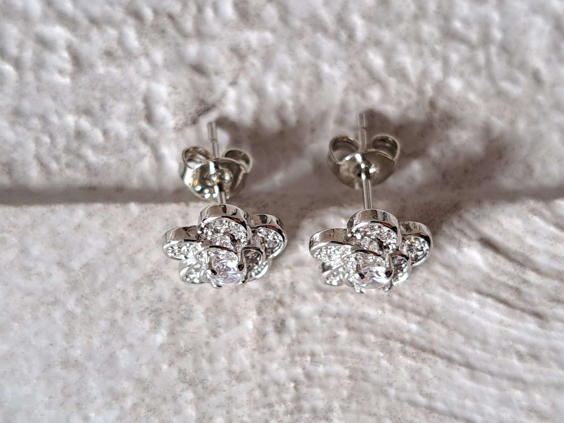 Silver Layered Rose Flower Swarovski Crystal Stud Earrings