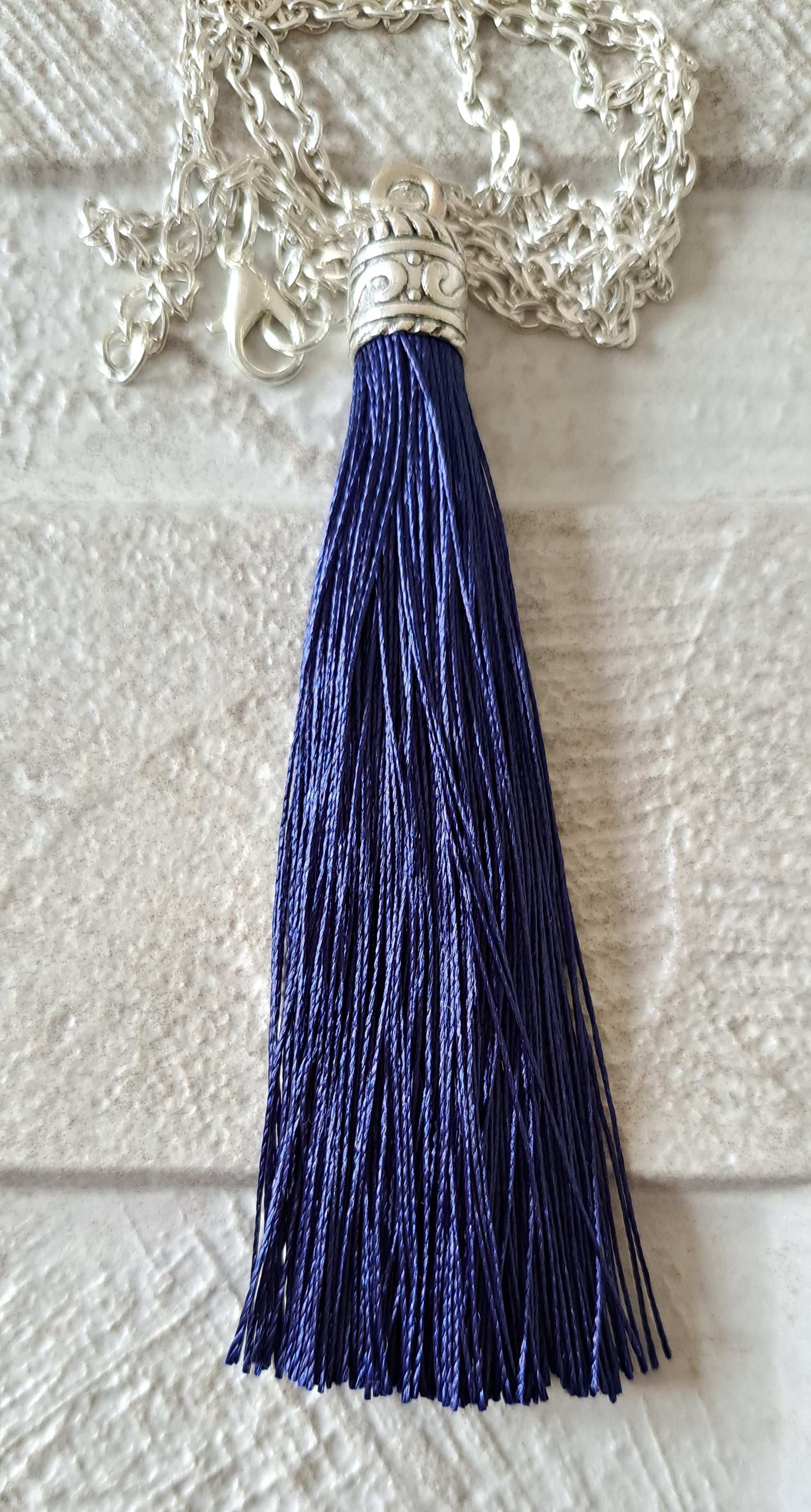 Navy Silver Silk Tassel Long Drop Necklace