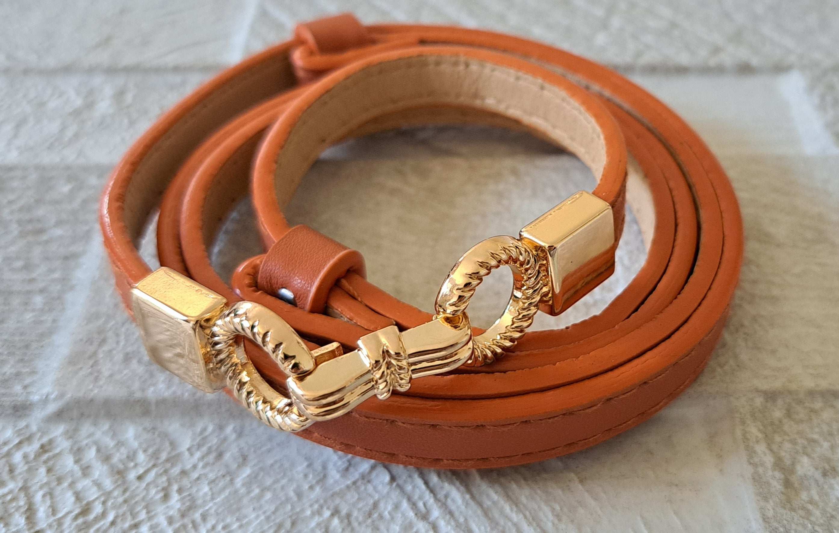 Tan Gold Skinny Double Buckle Stretch Dress Belt