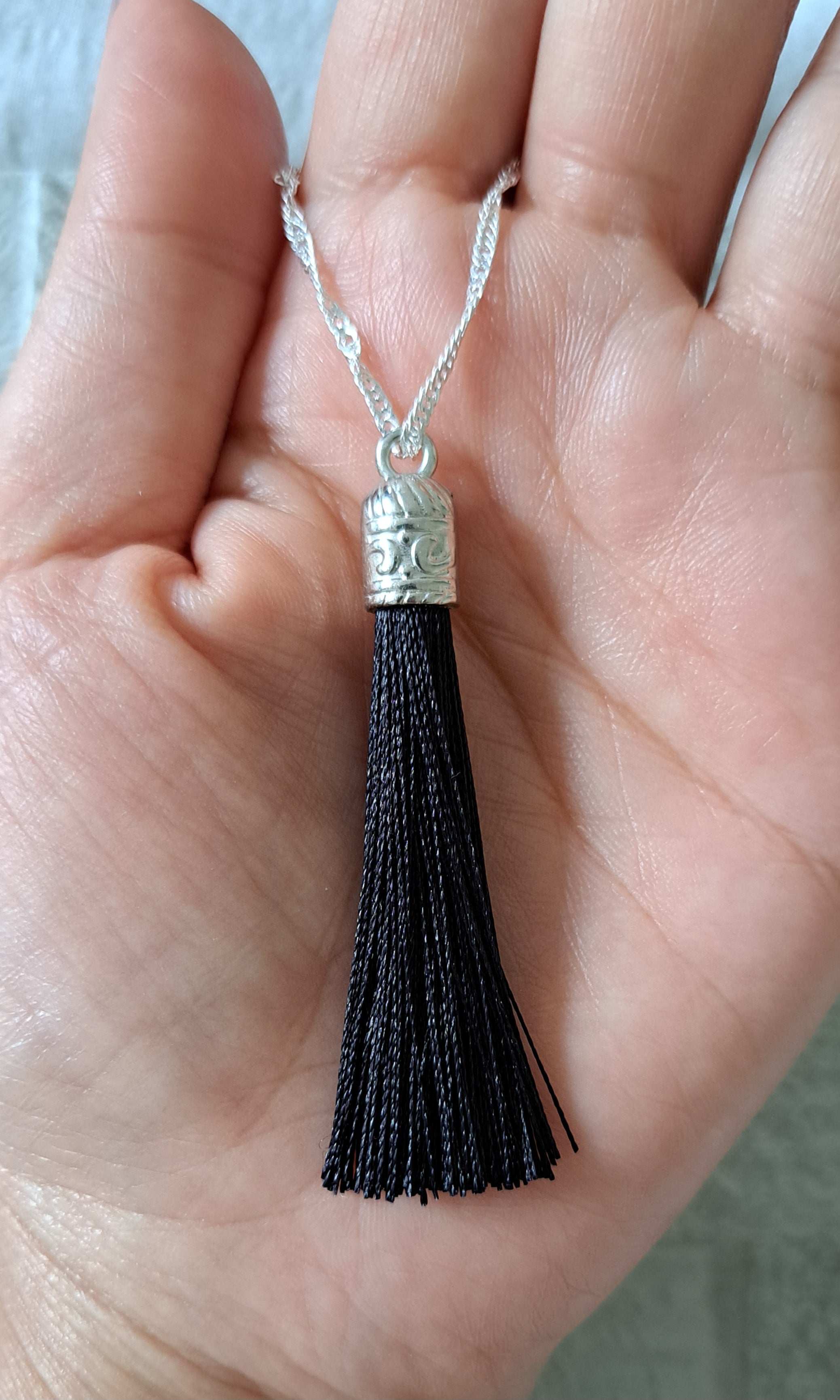 Black Silver Silk Tassel Long Drop Necklace