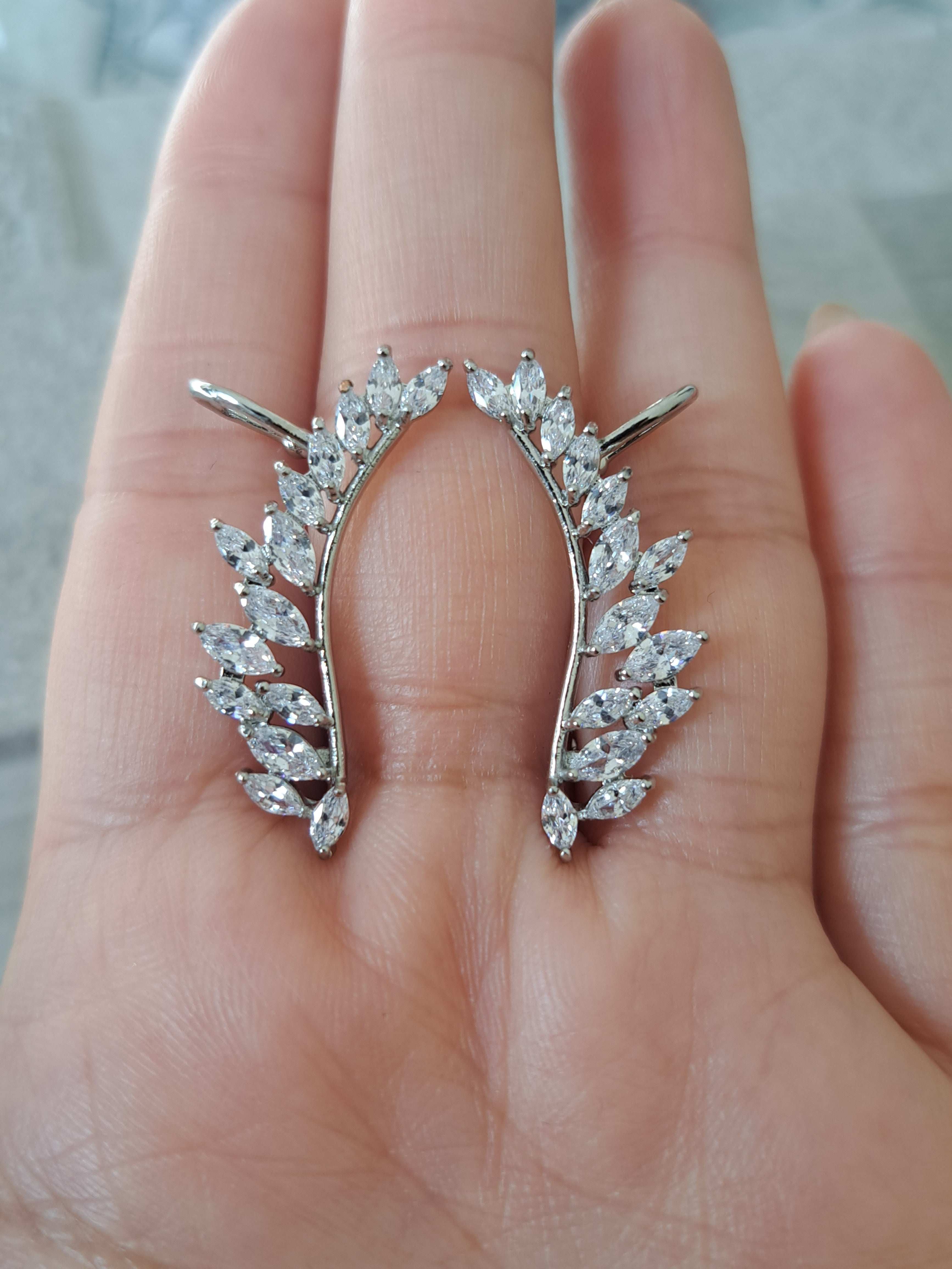 Silver Leaf Swarovski Crystal Wing Climber Earrings