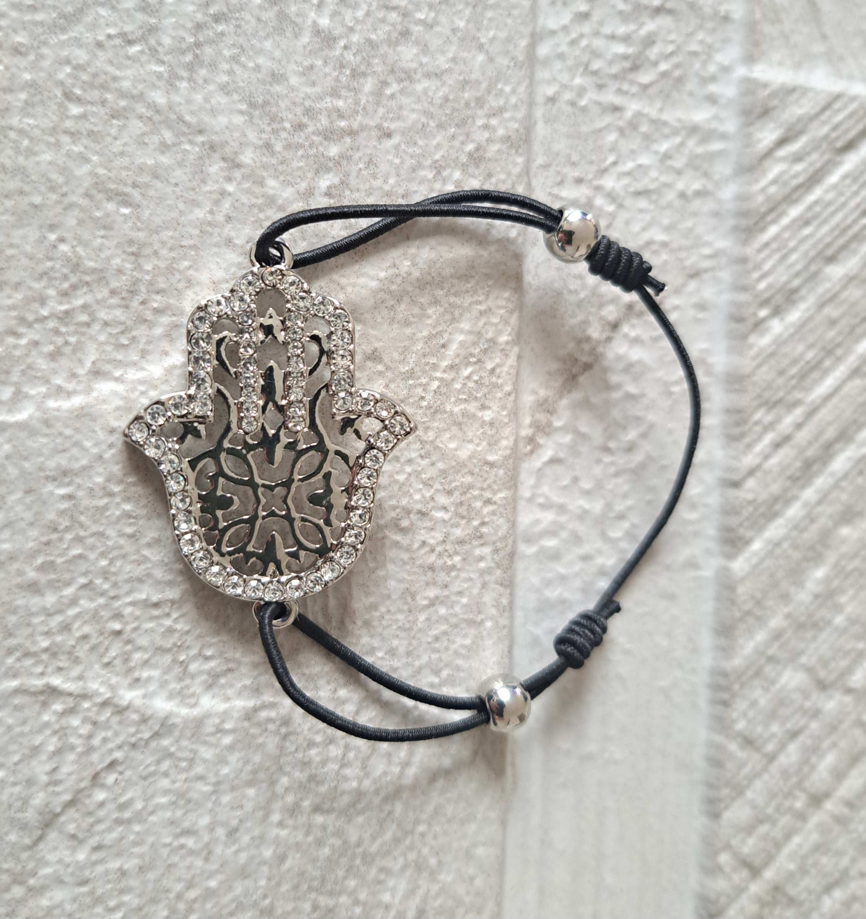 Silver Turkish Hamesh Swarovski Crystal Elastic Bracelet