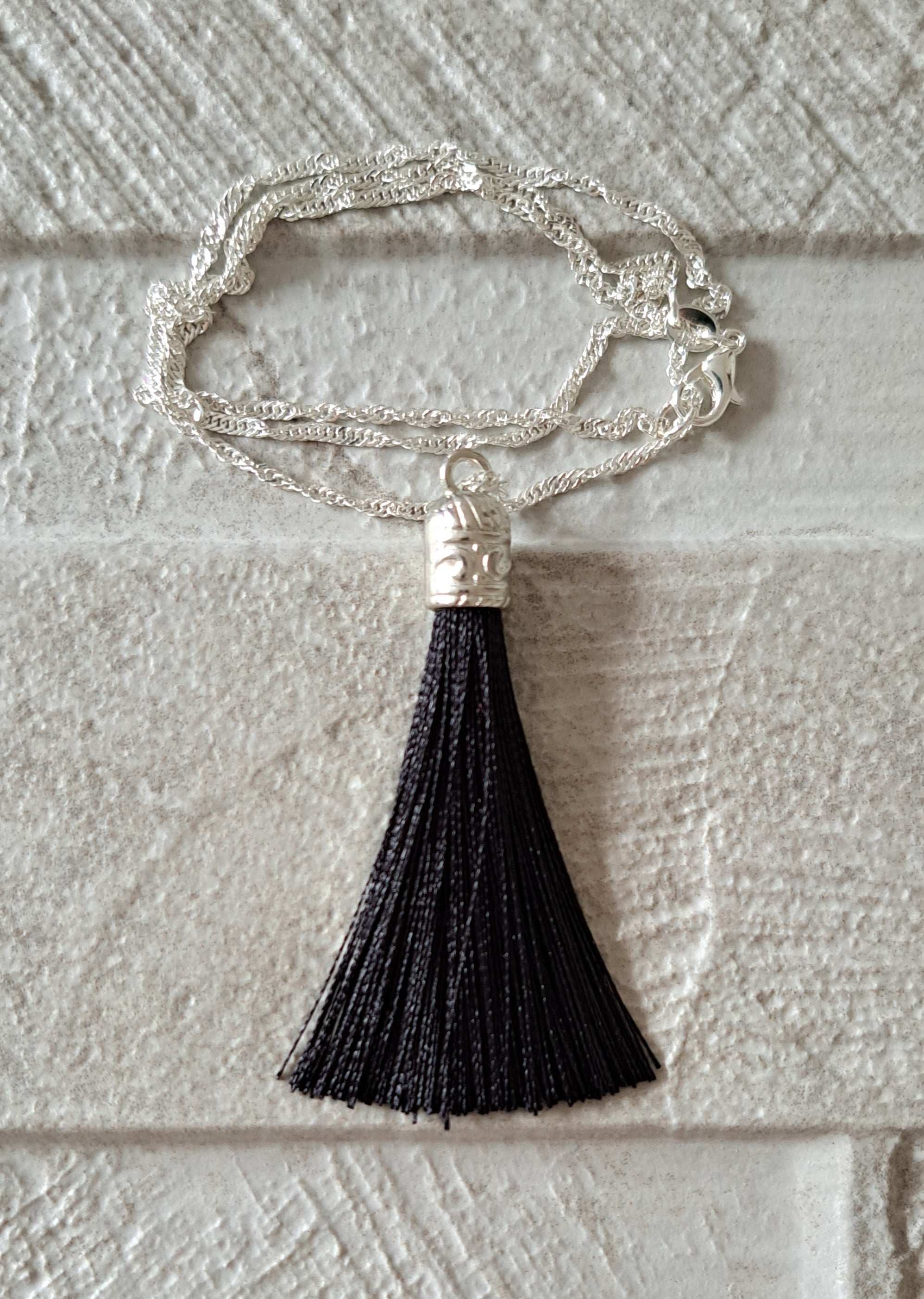 Black Silver Silk Tassel Long Drop Necklace