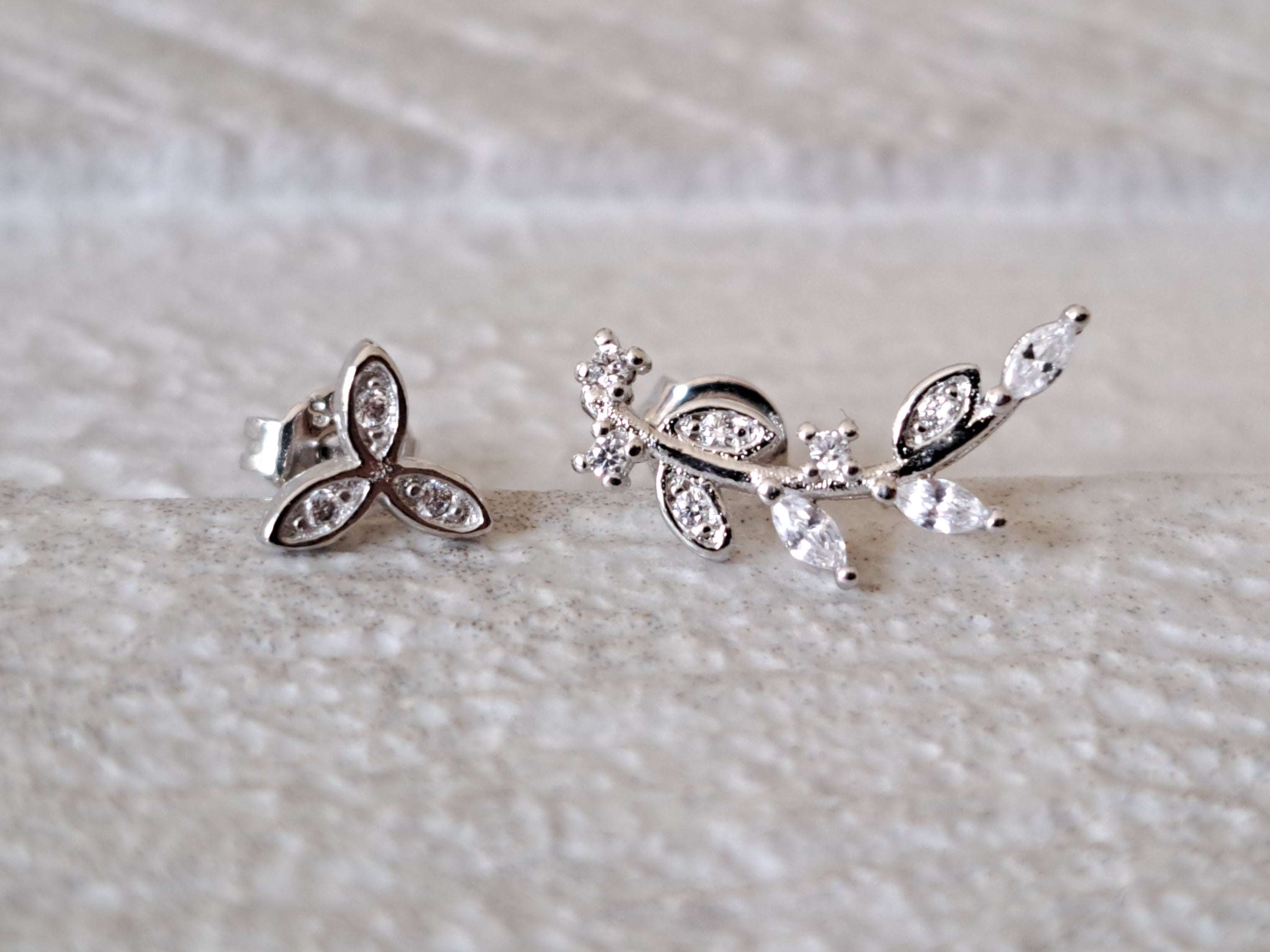 Silver Plated Swarovski Crystal Link Leaf Stud and Climber Earrings