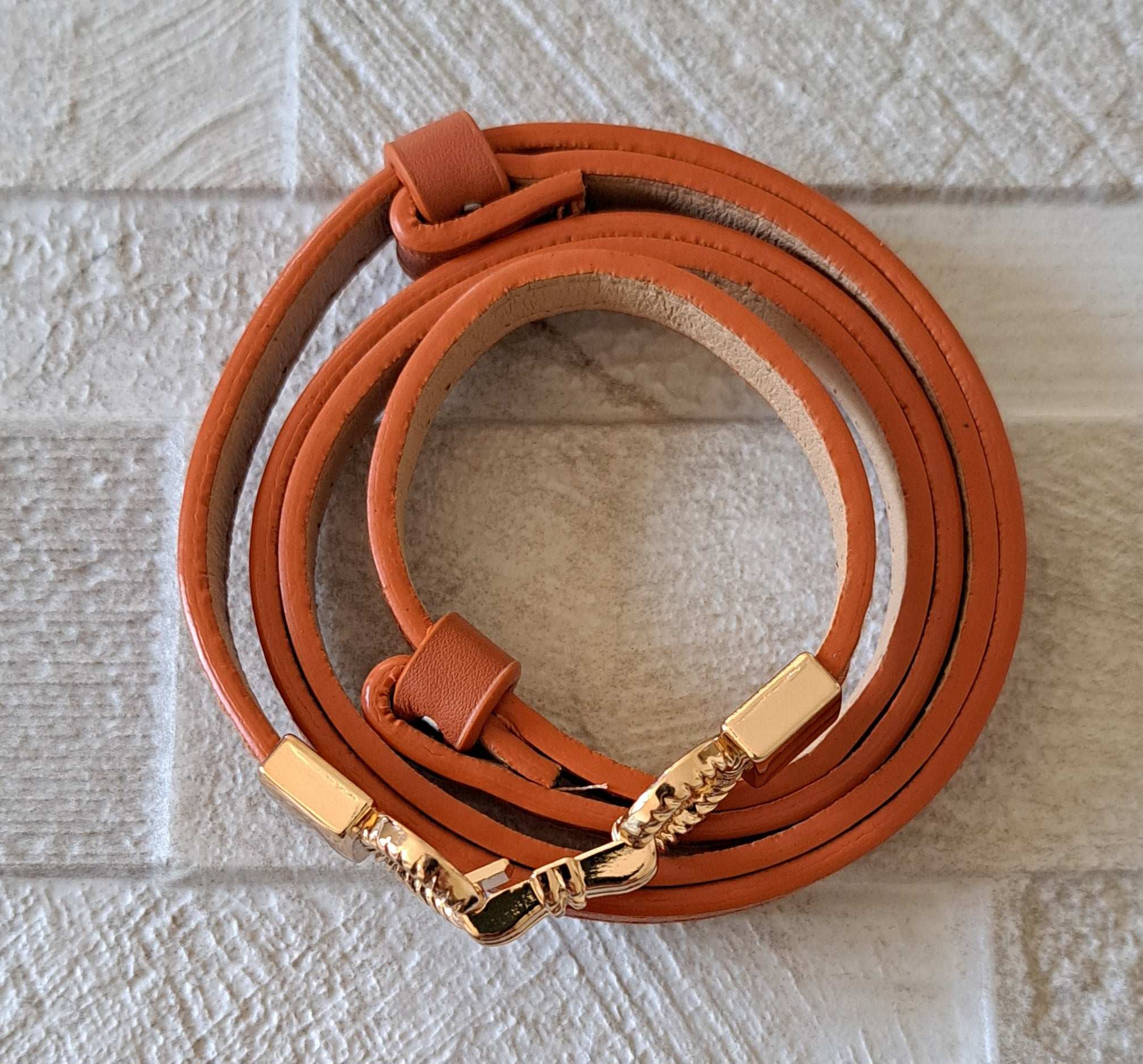 Tan Gold Skinny Double Buckle Stretch Dress Belt