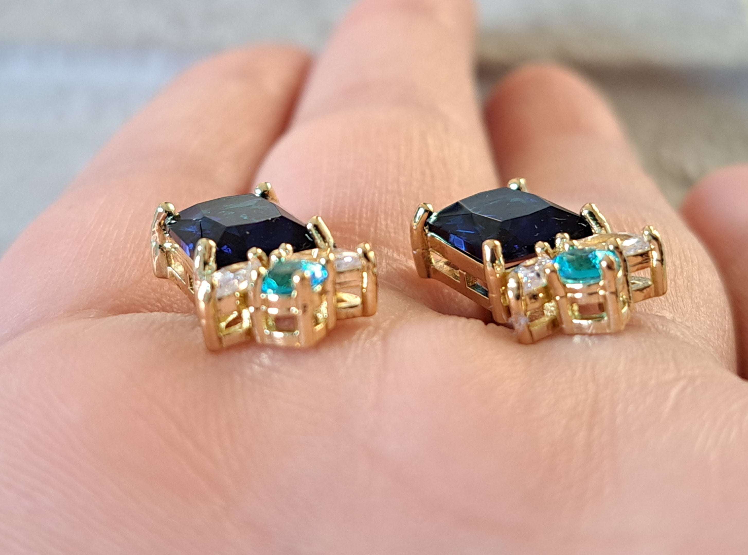 Gold Rectangle Aqua Blue Swarovski Crystal Earrings