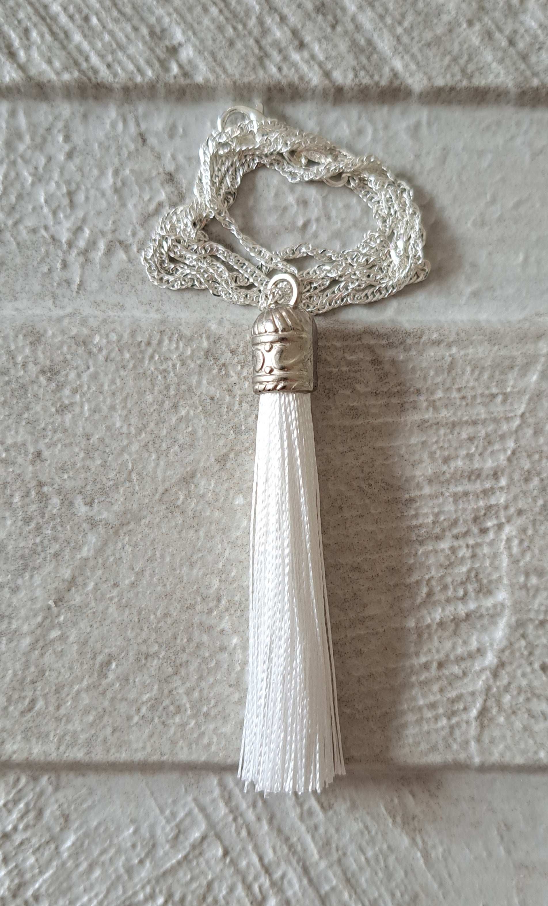White Silver Silk Tassel Long Drop Necklace