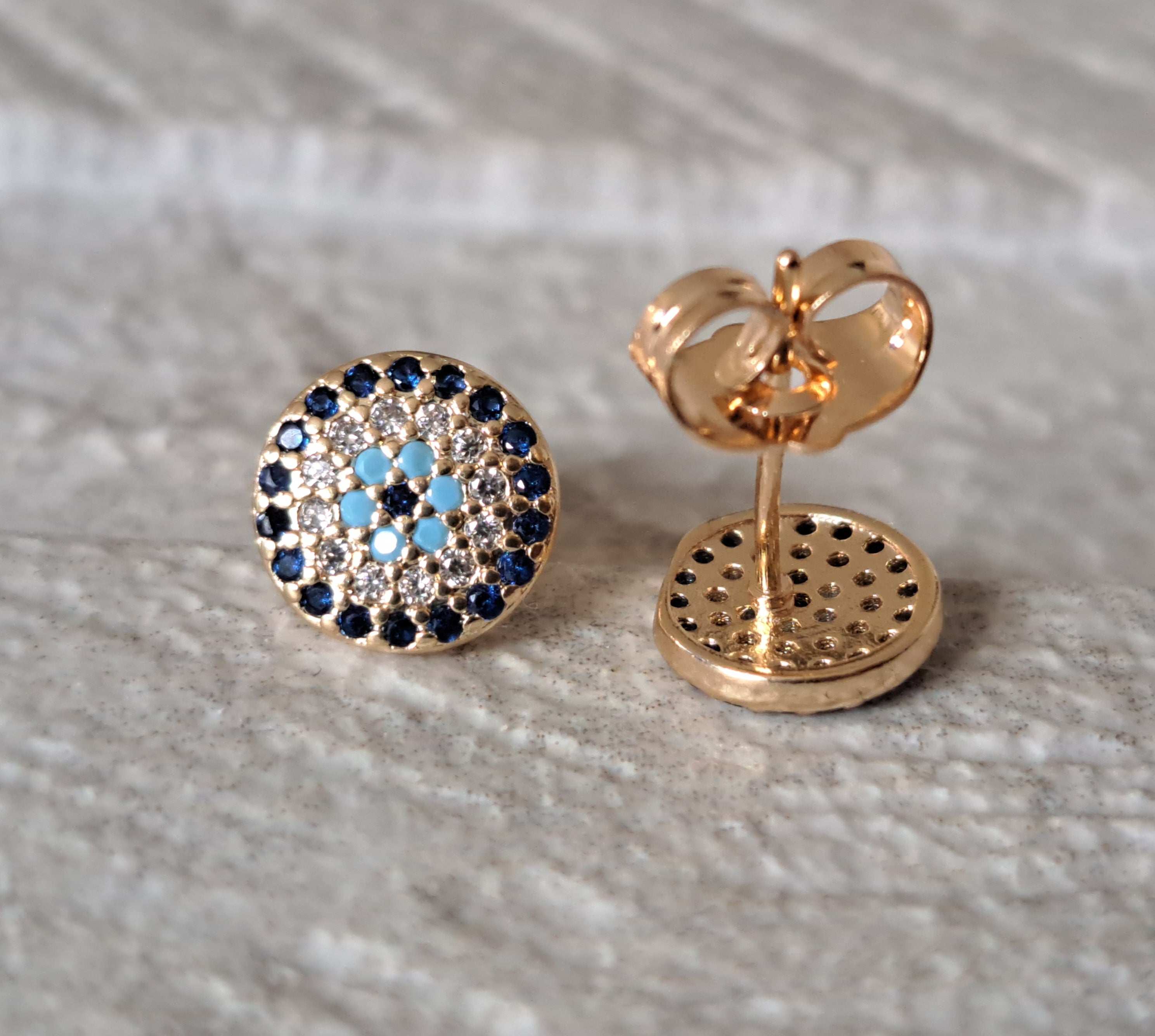 Gold Round Evil Eye Swarovski Crystal Small Stud Earrings
