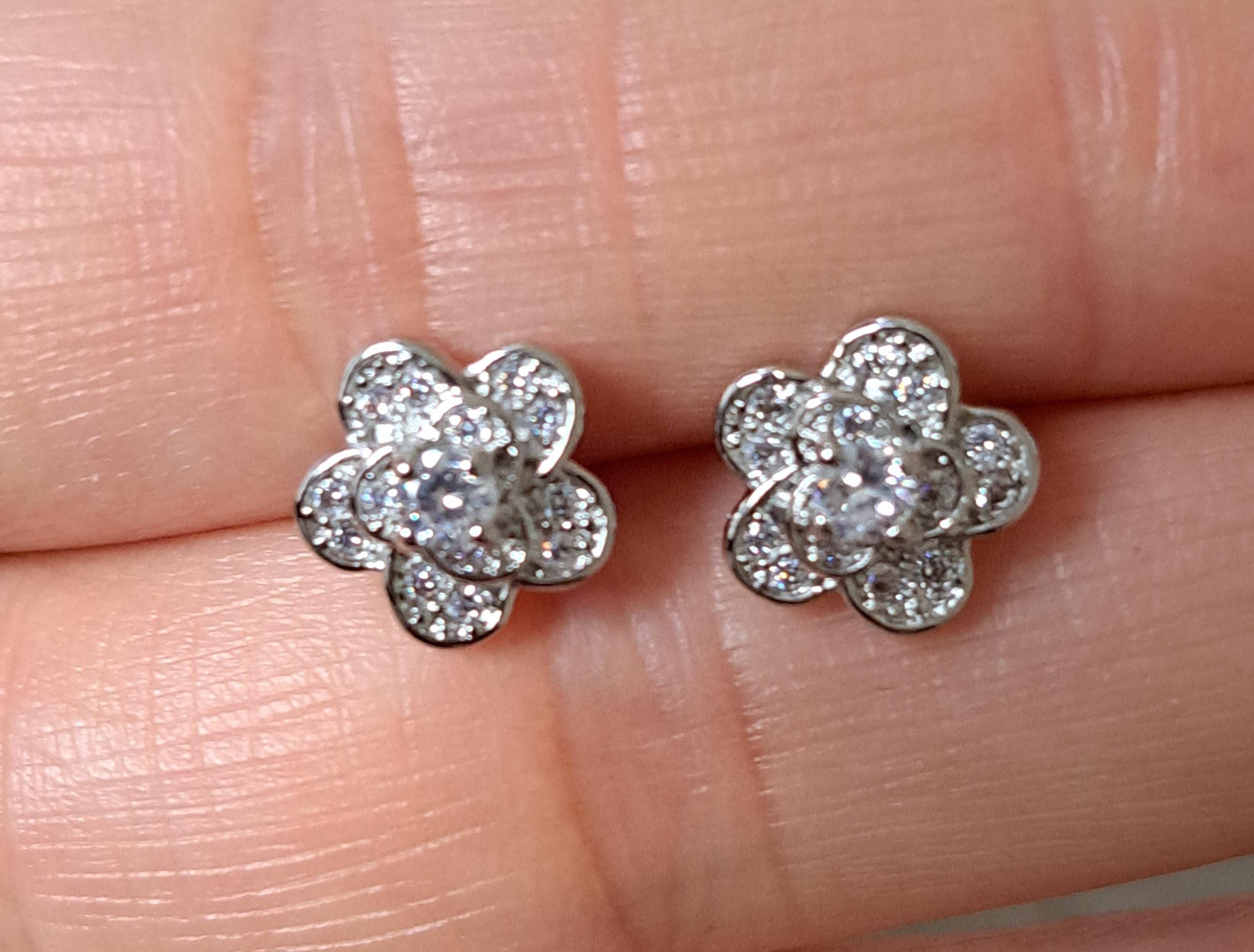Silver Layered Rose Flower Swarovski Crystal Stud Earrings