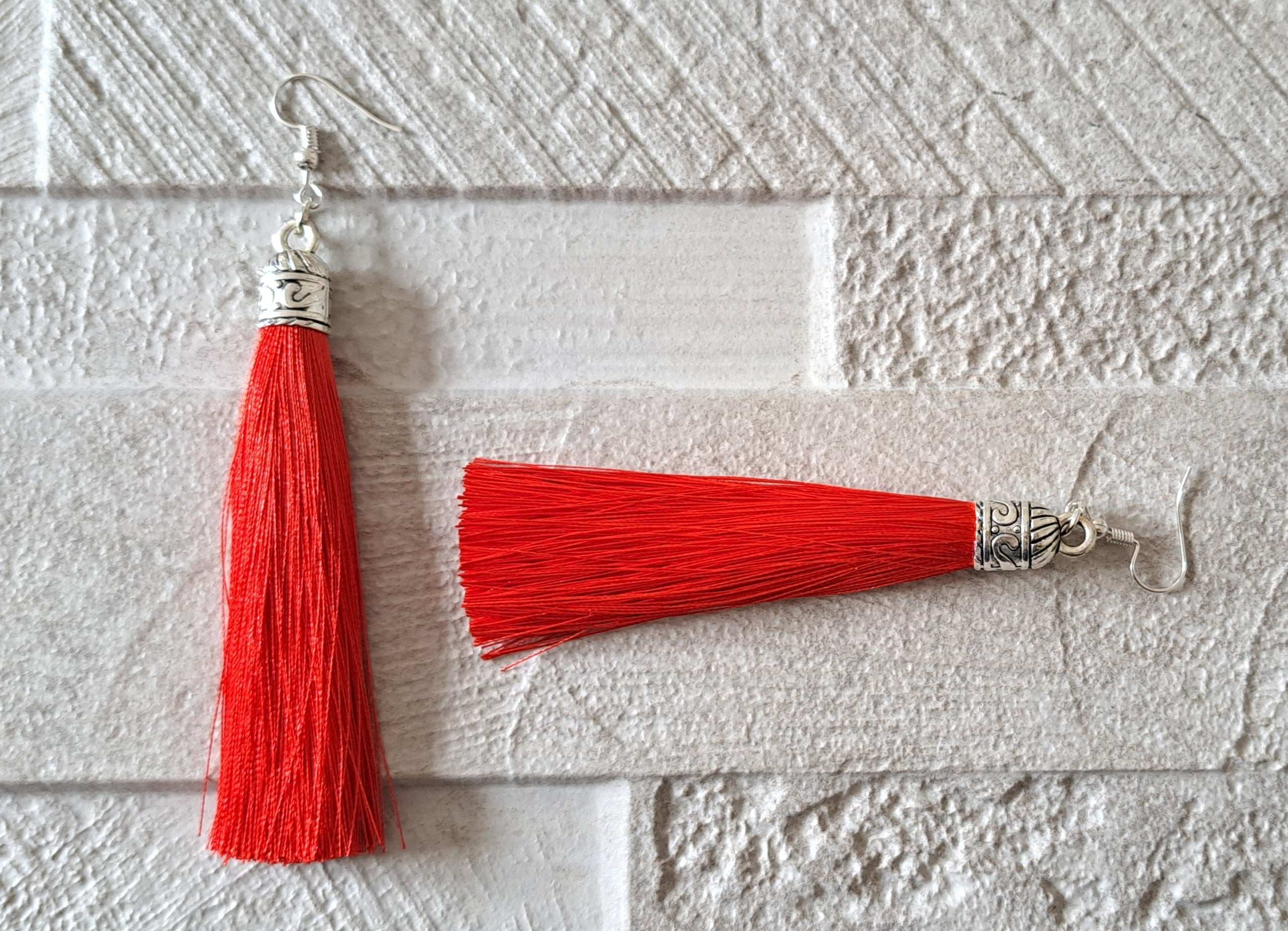 Red Silver Silk Tassel Long Drop Earrings