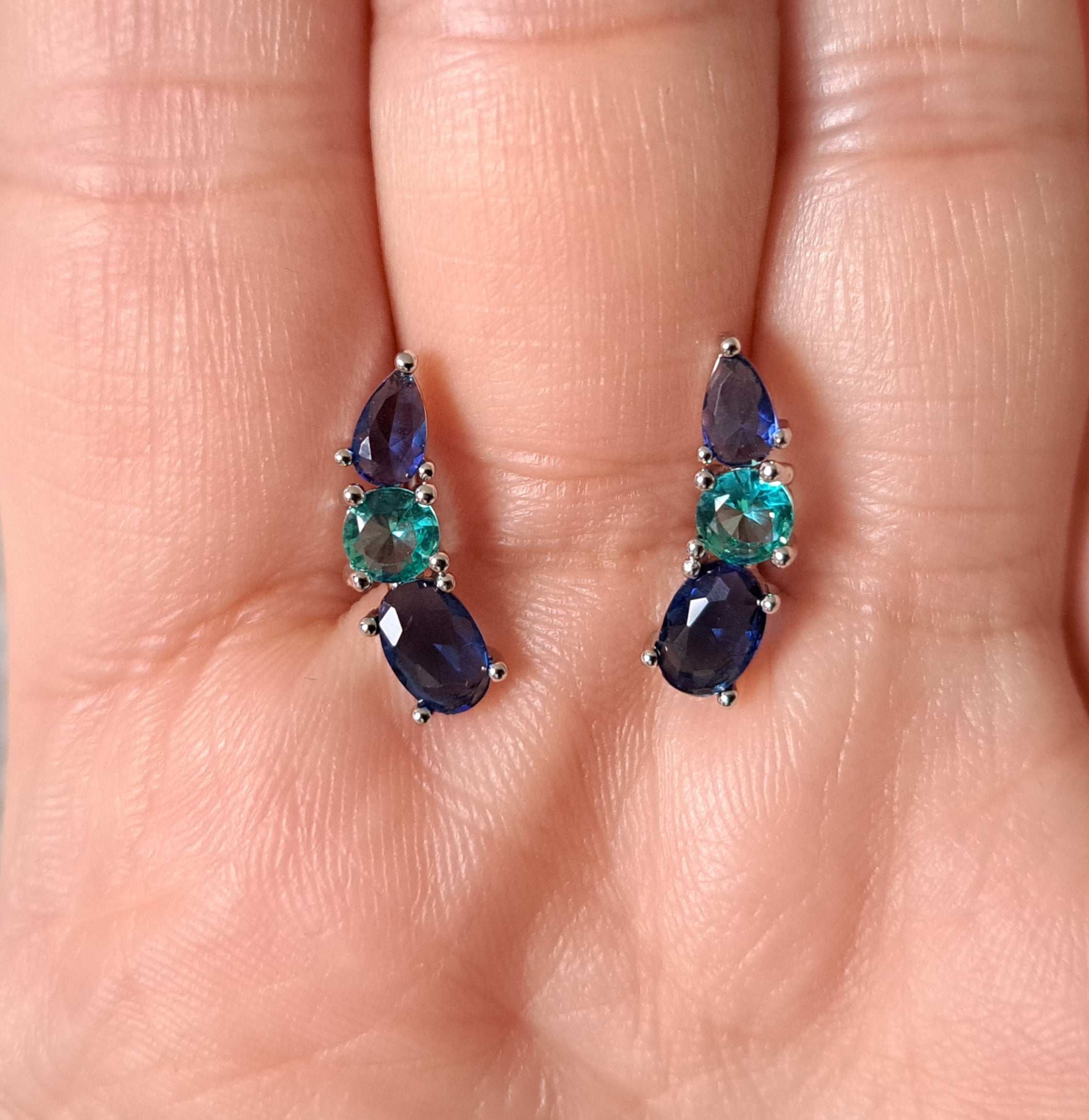 Silver Aqua Blue Swarovski Crystal Wing Leaf Earrings