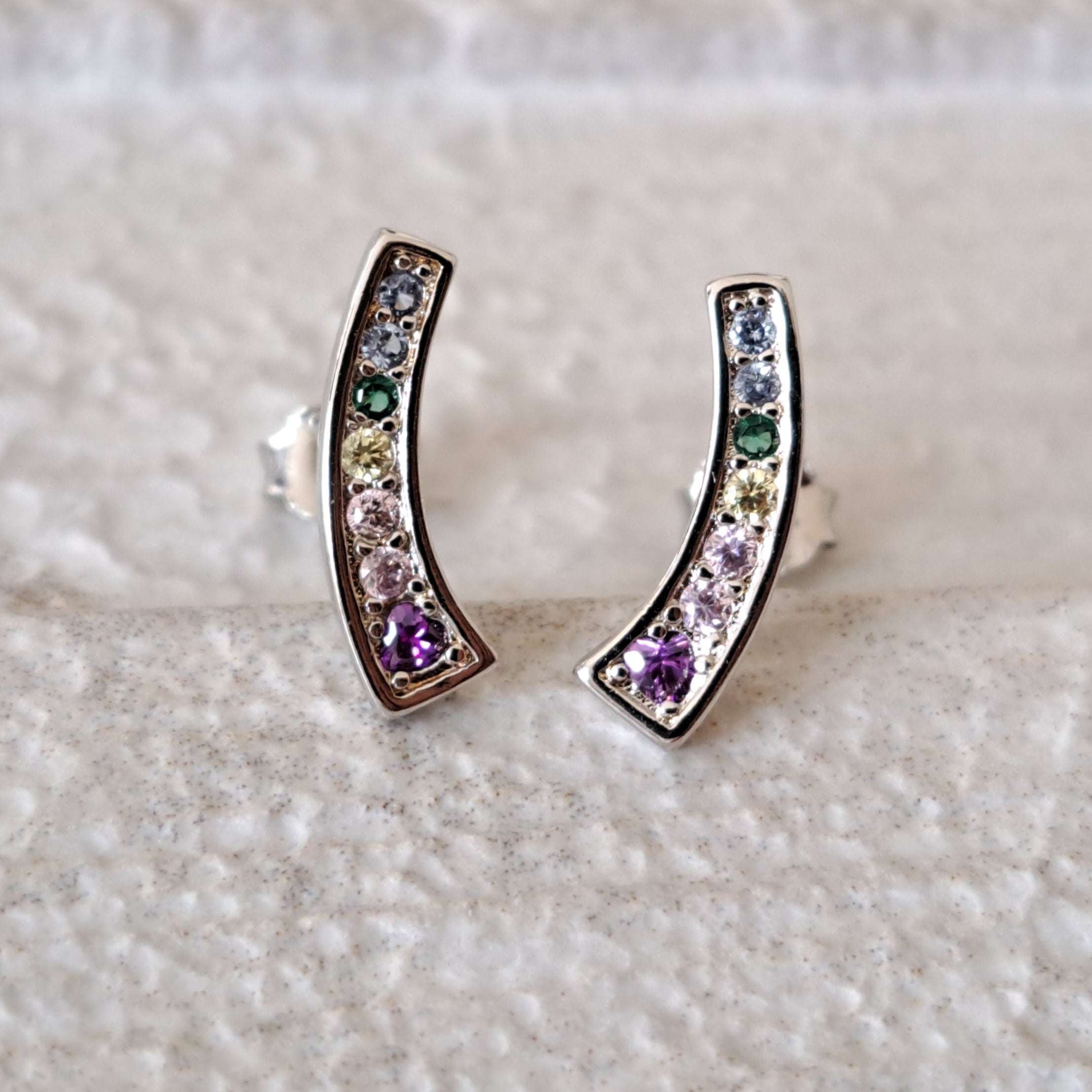 Small Curve Silver Plated Swarovski Crystal Rainbow Earrings