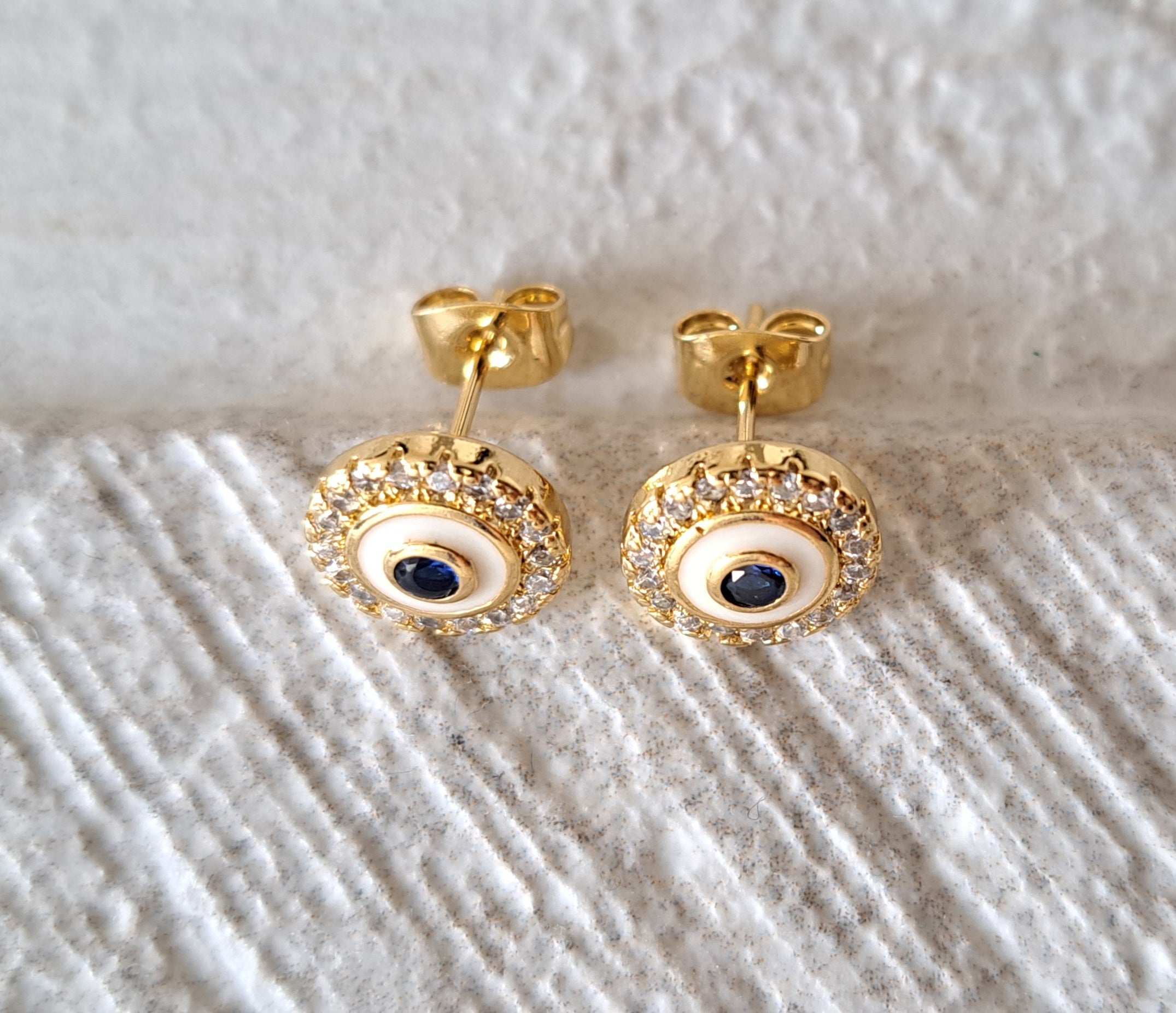 Gold Evil Eye 1cm Circle Swarovski Crystal Stud Earrings