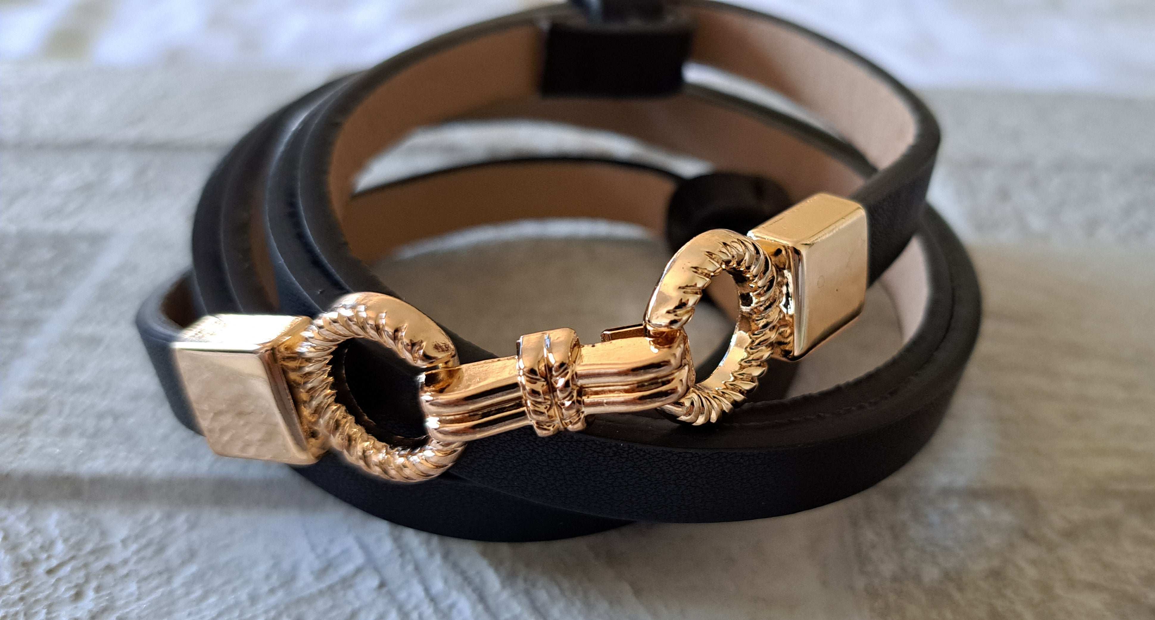 Black Gold Skinny Double Buckle Stretch Dress Belt