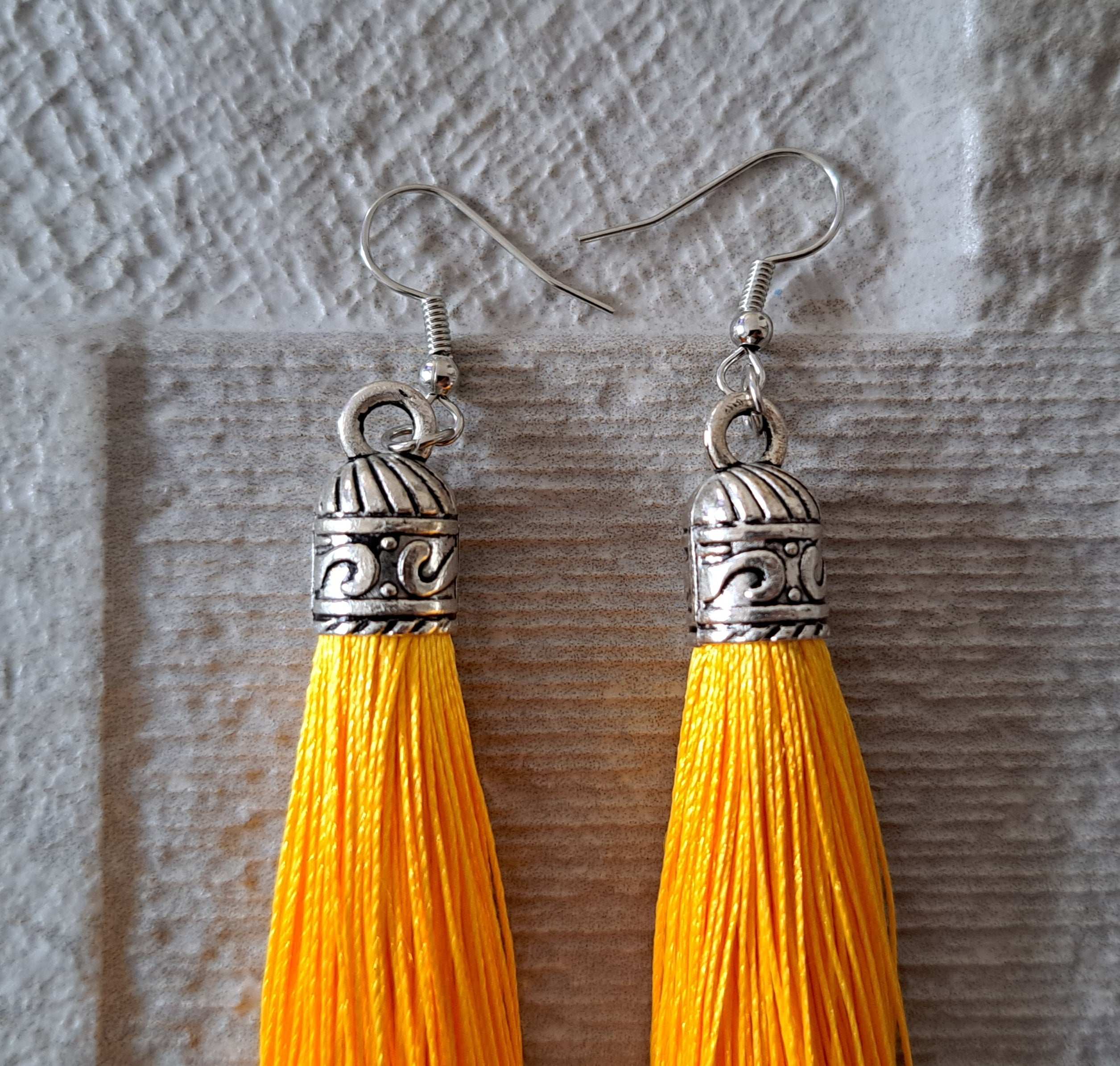 Yellow Silver Silk Tassel Long Drop Earrings