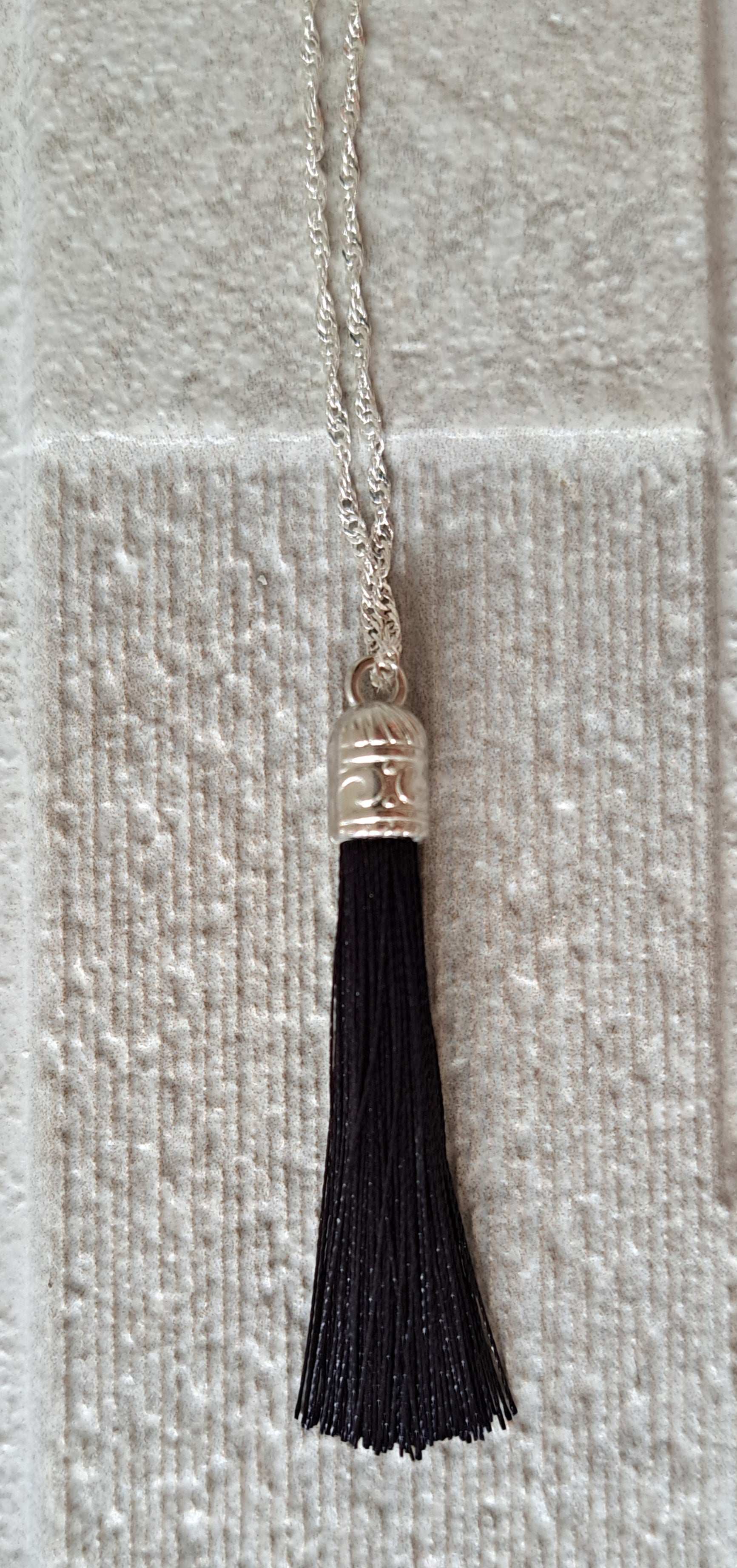 Black Silver Silk Tassel Long Drop Necklace