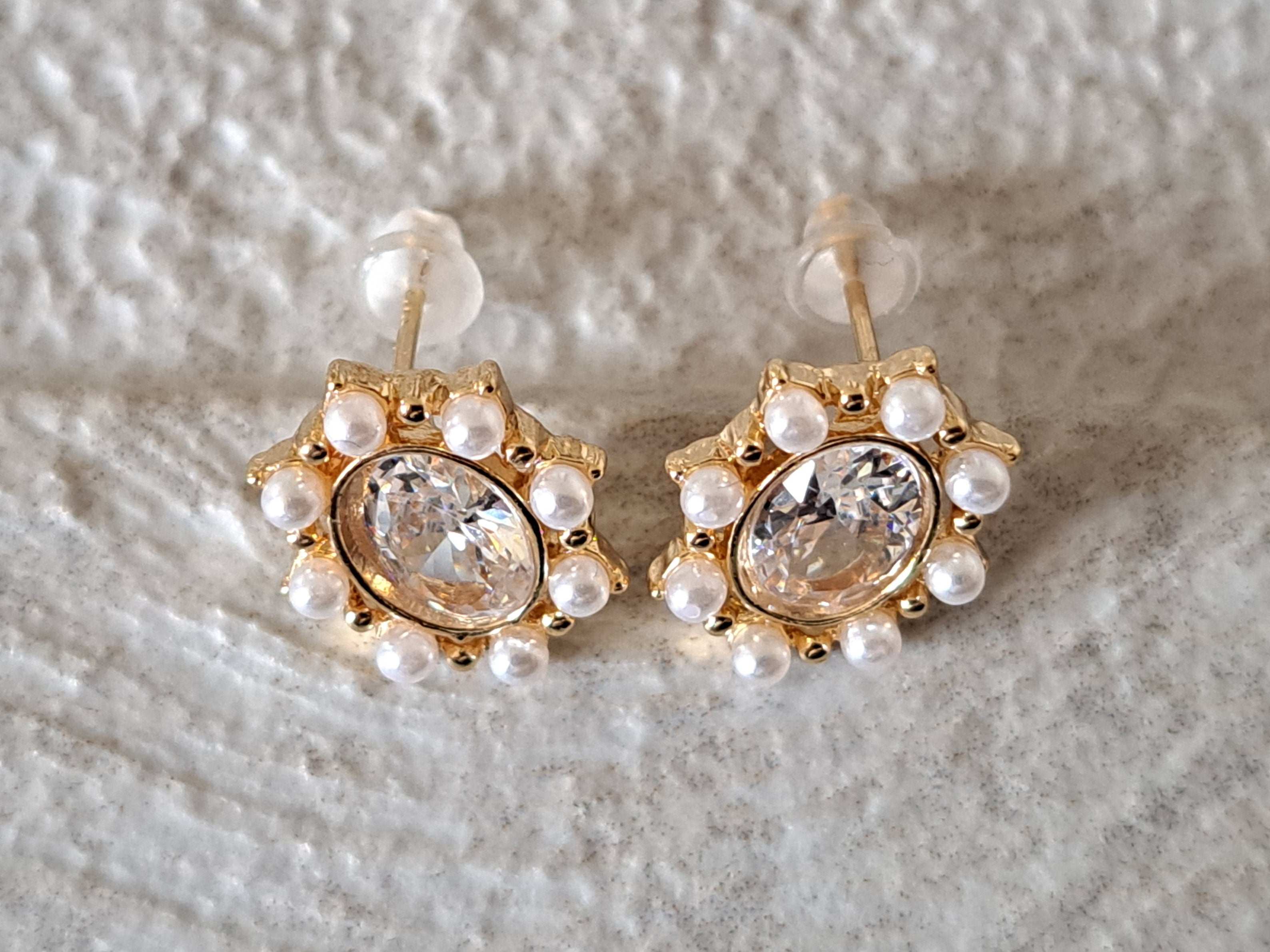 Gold Oval White Pearl Swarovski Crystal Earrings