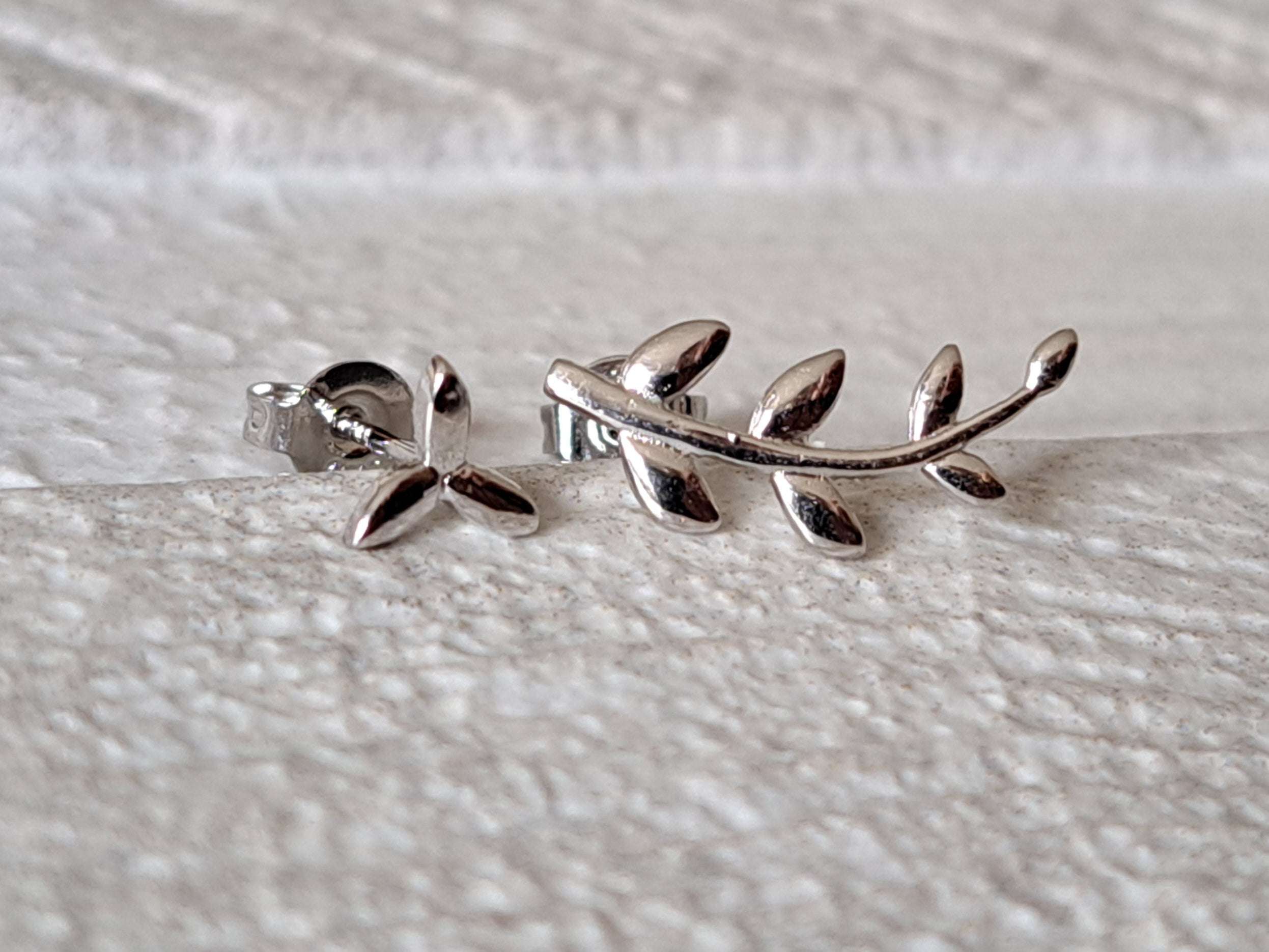 Silver Plated Small Link Leaf Stud and Climber Earrings