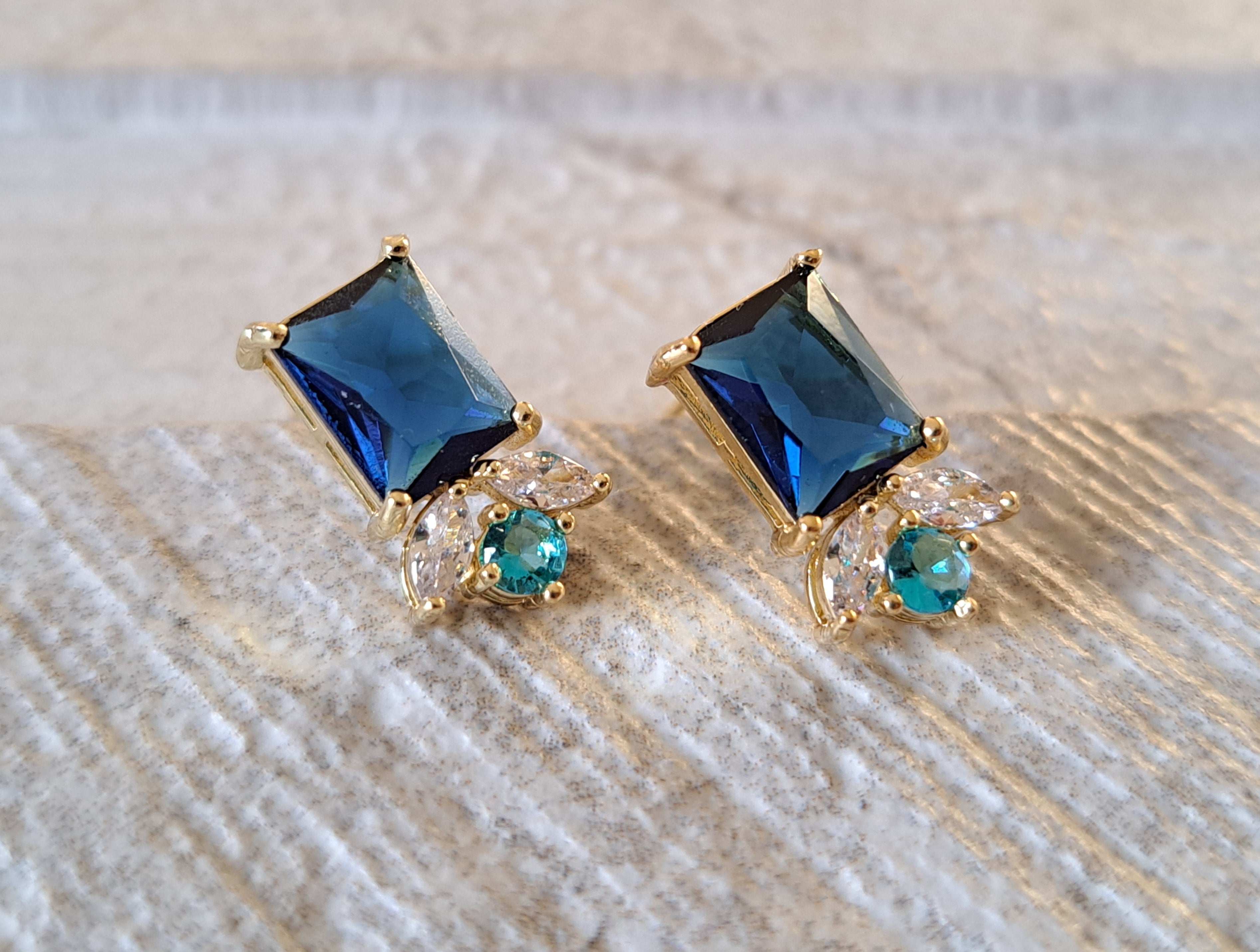 Gold Rectangle Aqua Blue Swarovski Crystal Earrings