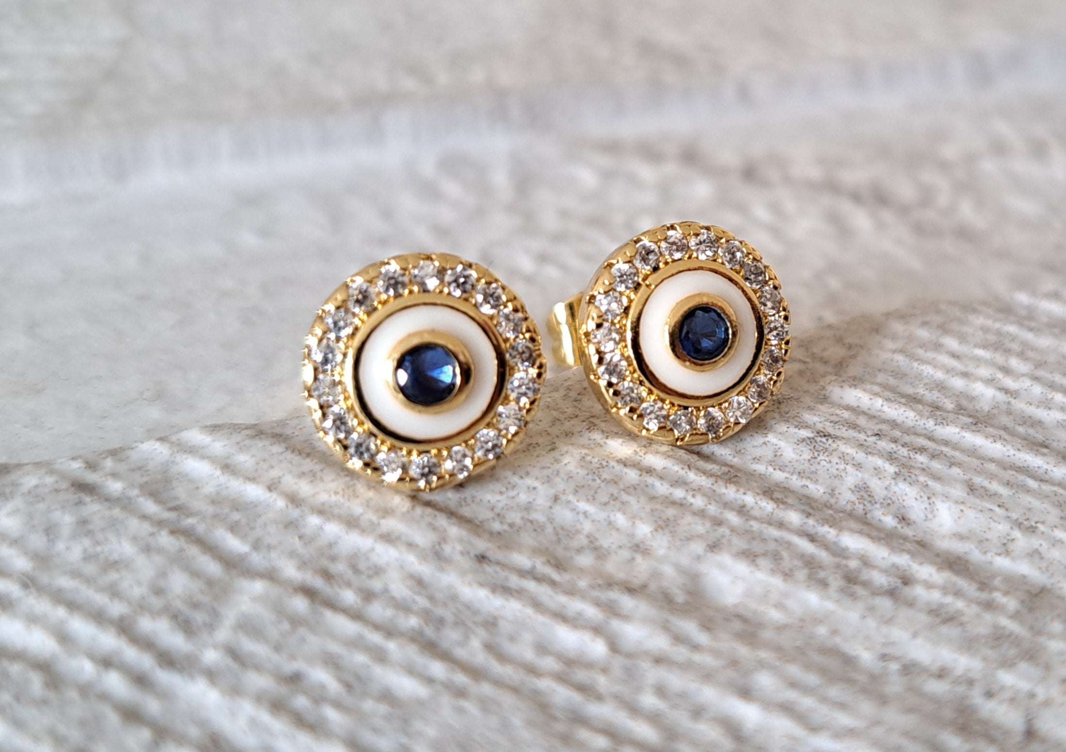 Gold Evil Eye 1cm Circle Swarovski Crystal Stud Earrings