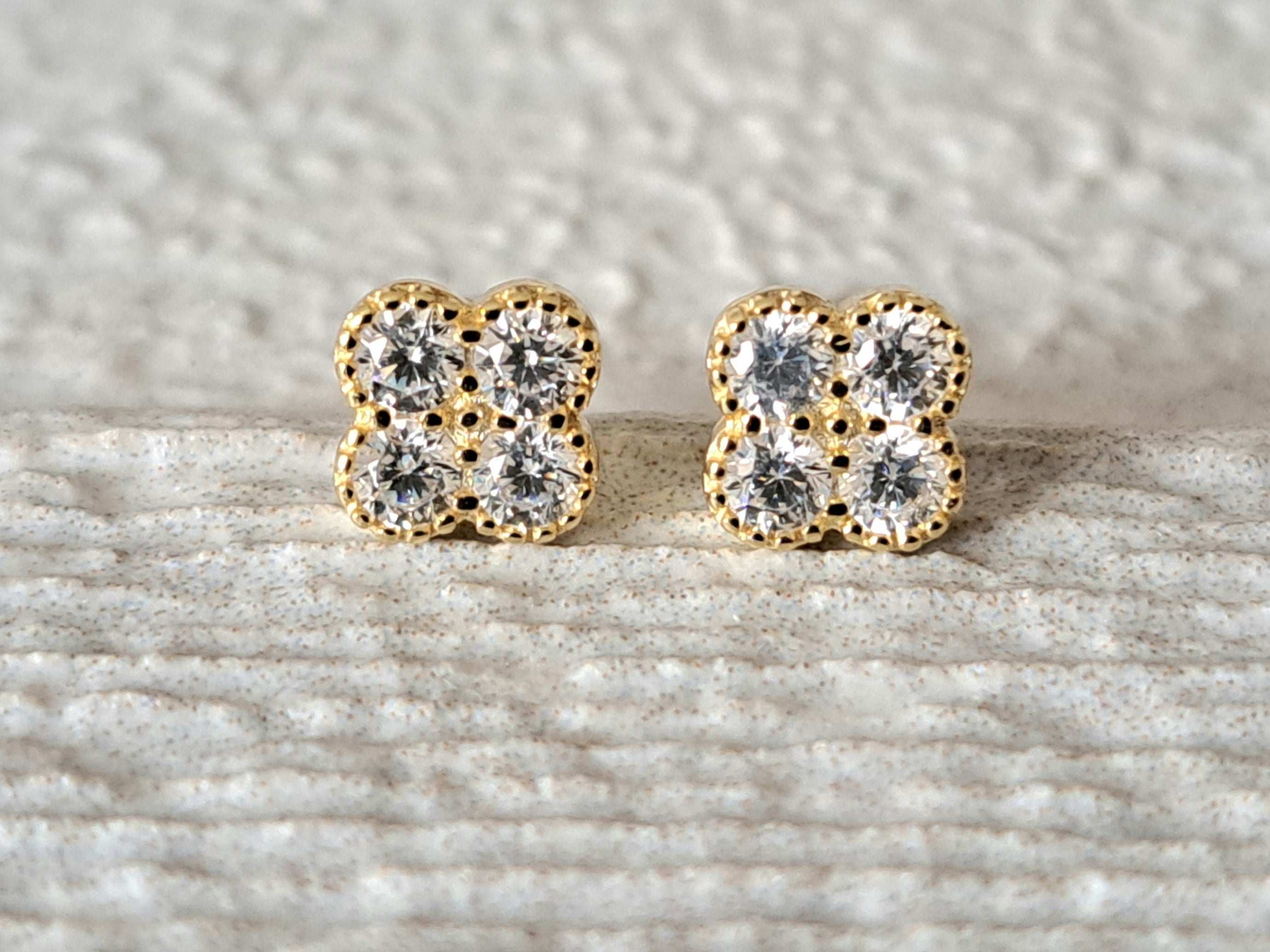 Gold Square Four Swarovski Crystal Earrings