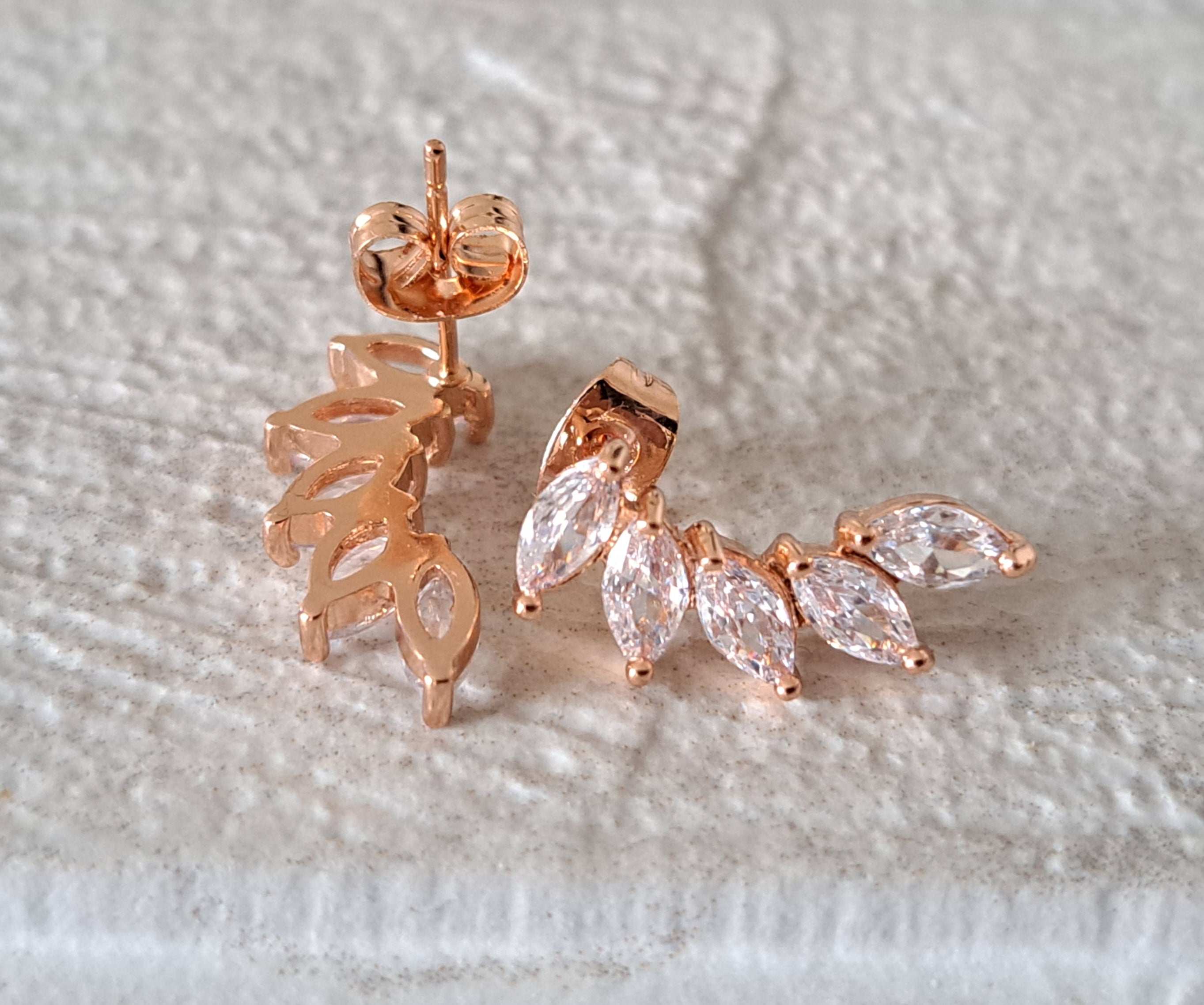Rose Gold Leaf Climber Swarovski Crystal Stud Earrings
