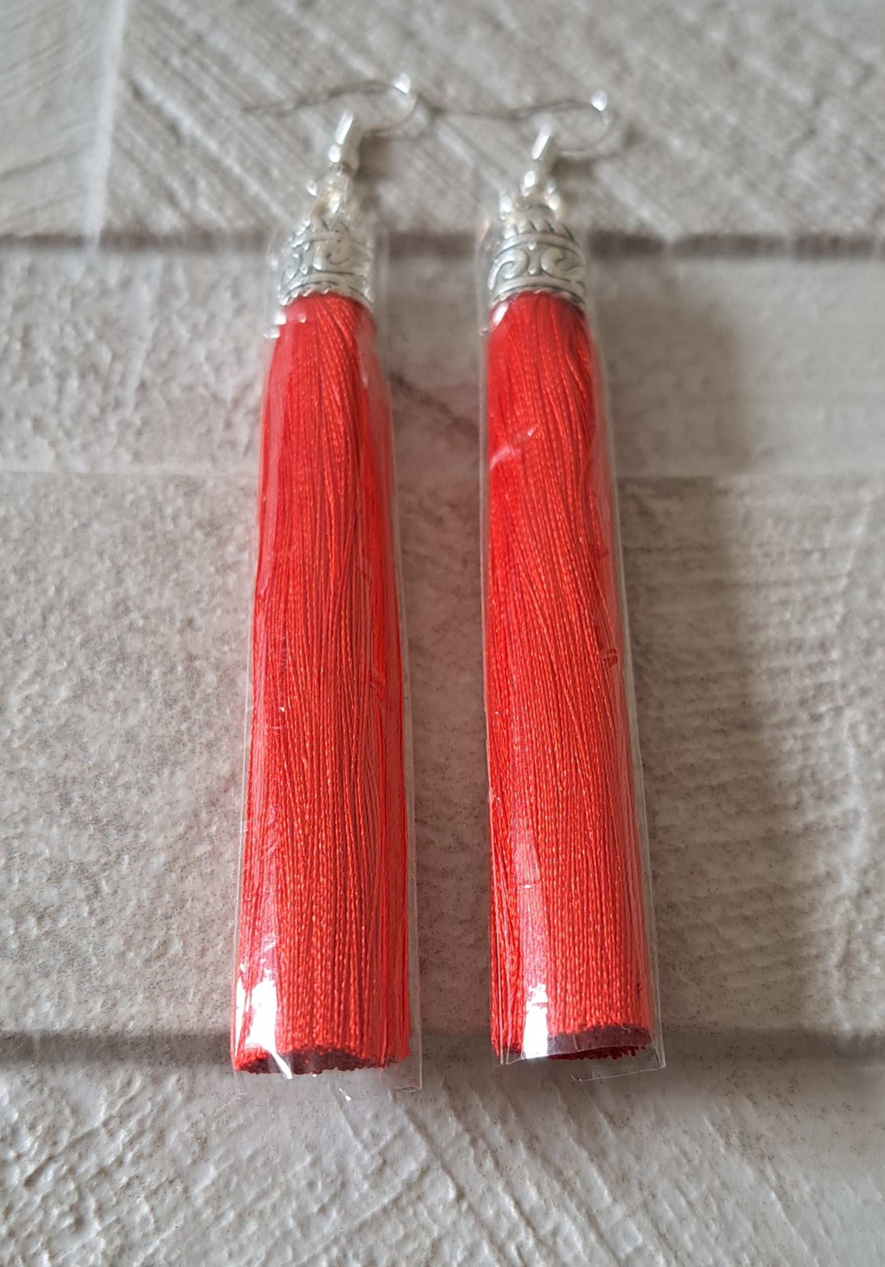 Red Silver Silk Tassel Long Drop Earrings