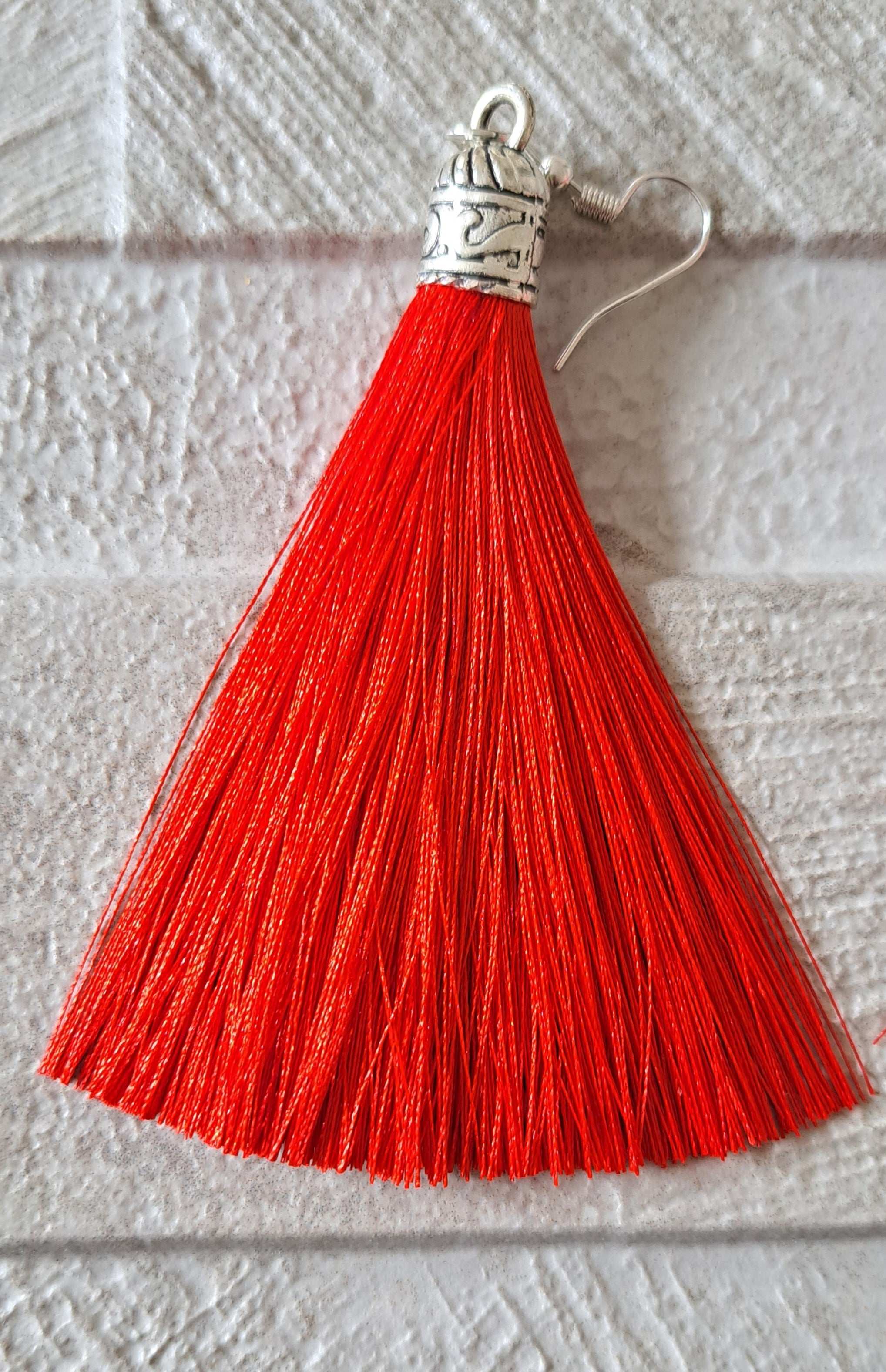 Red Silver Silk Tassel Long Drop Earrings