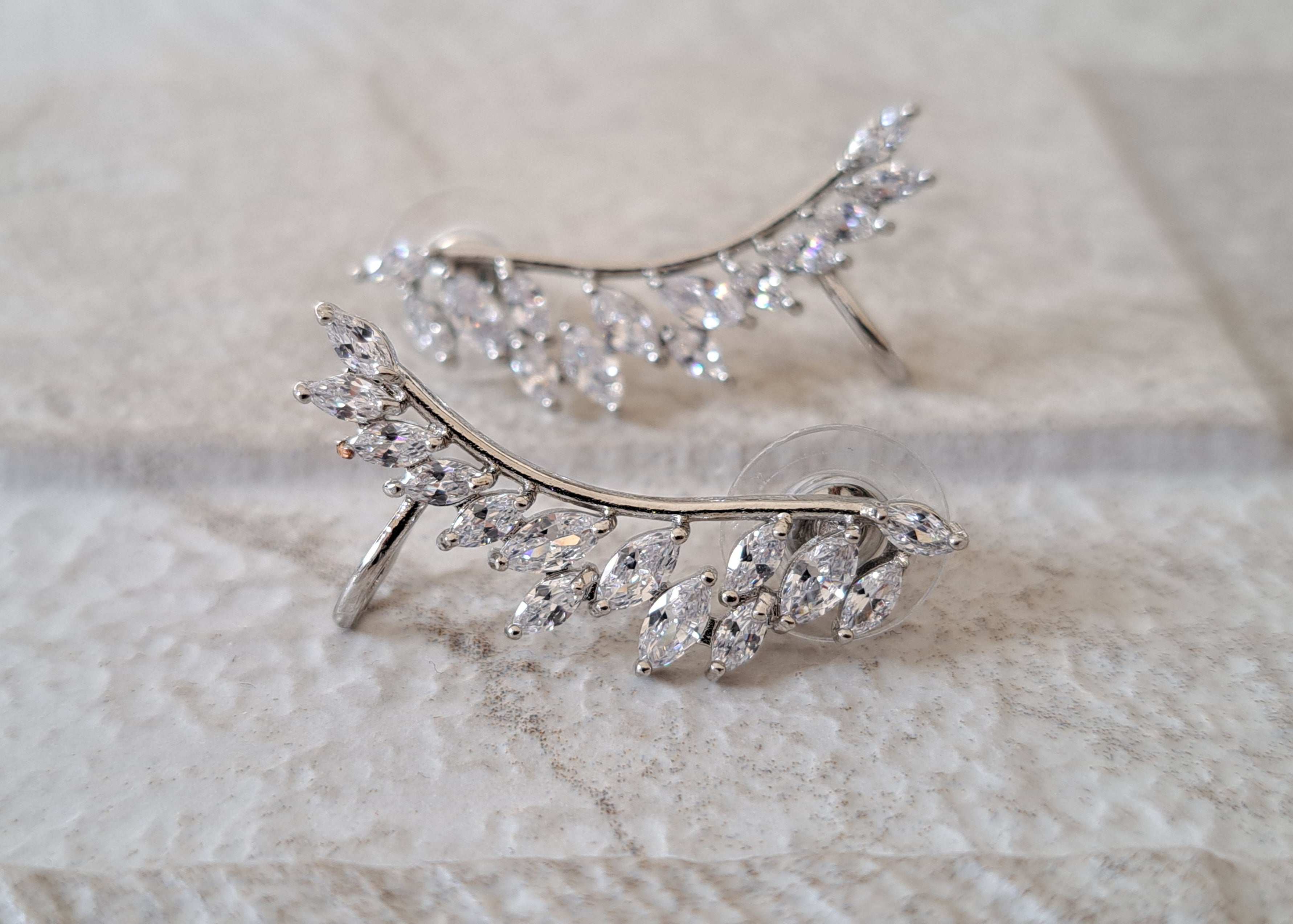 Silver Leaf Swarovski Crystal Wing Climber Earrings