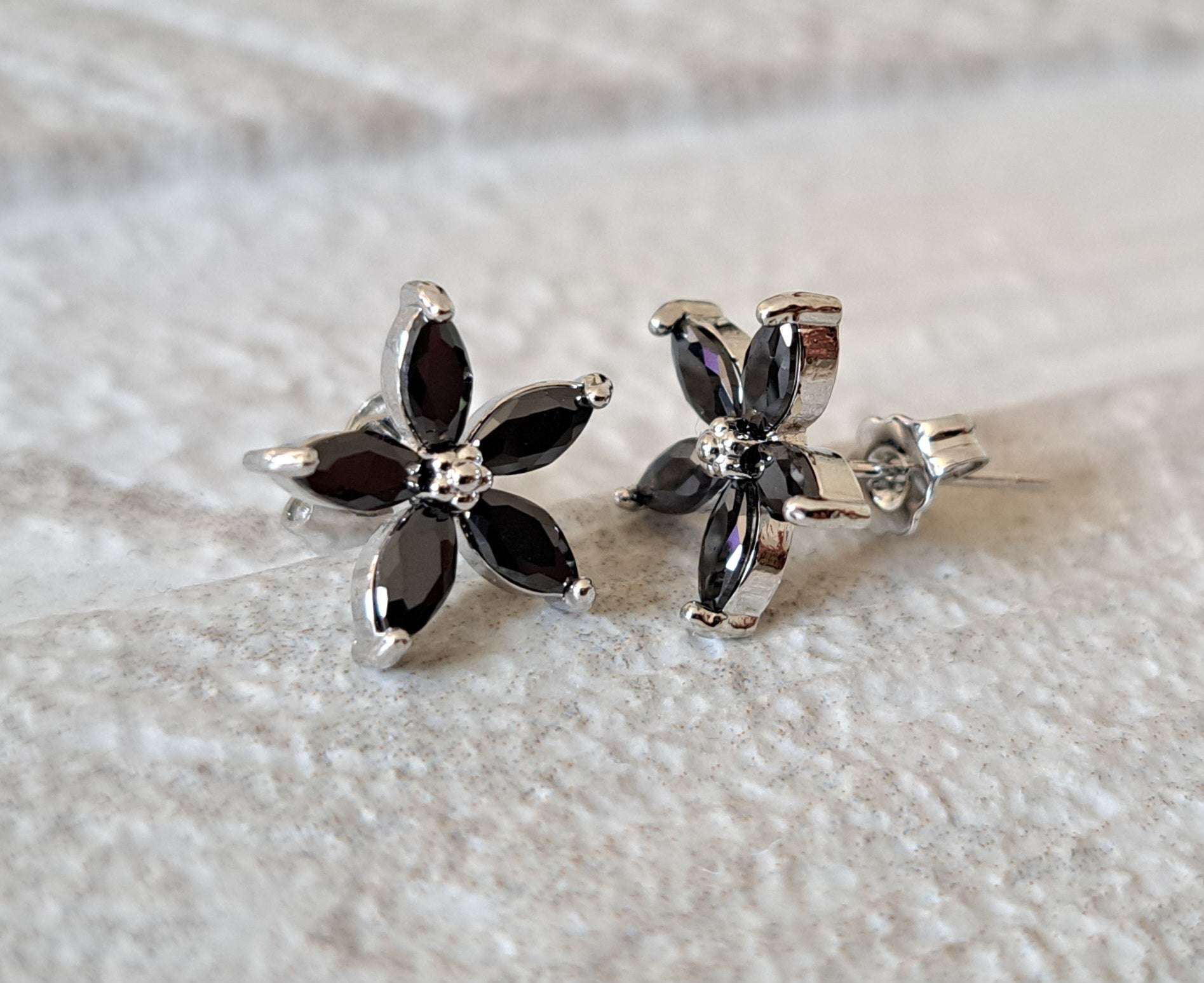 Black Silver Flower Star Swarovski Crystal Earrings