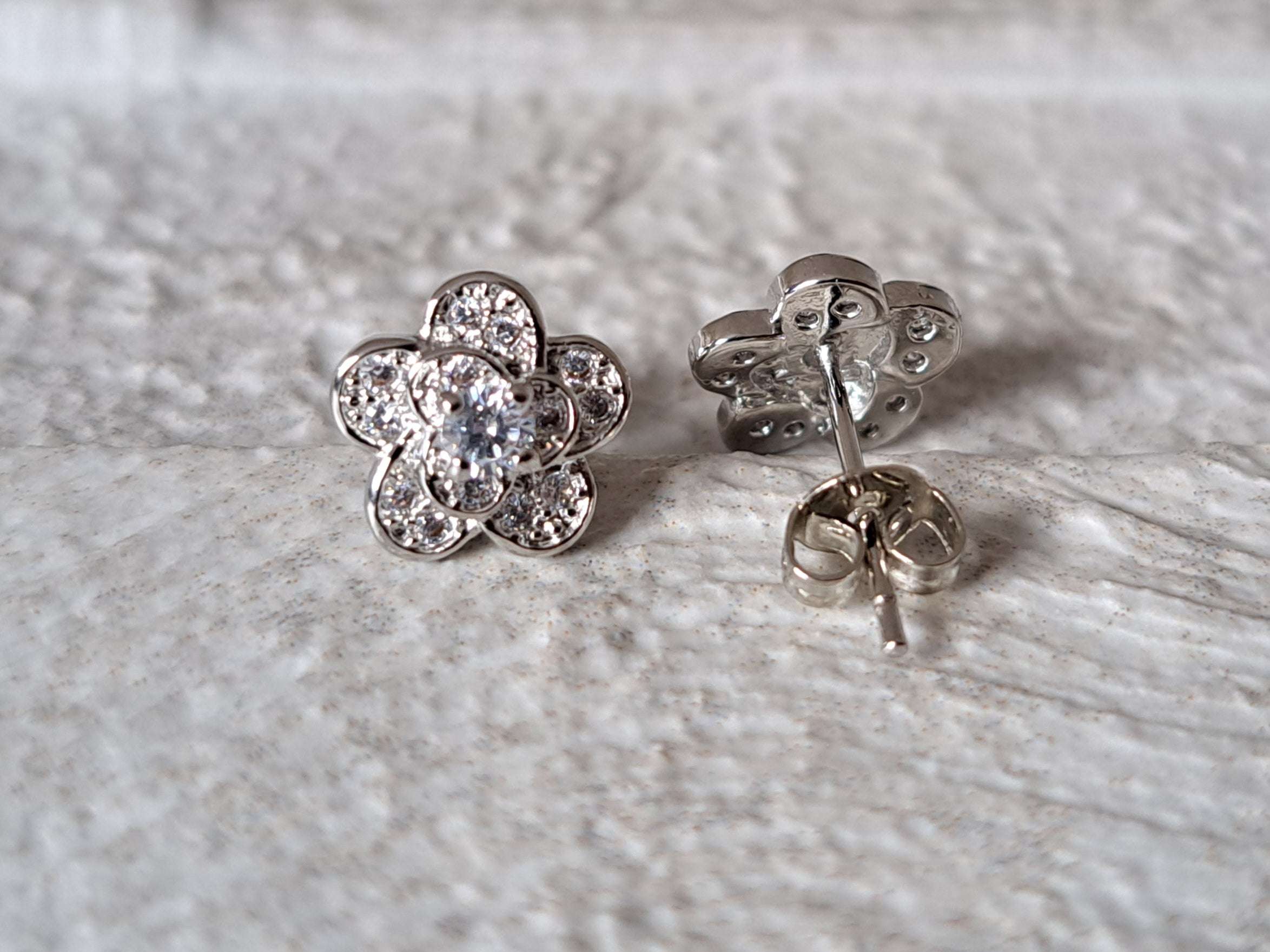 Silver Layered Rose Flower Swarovski Crystal Stud Earrings